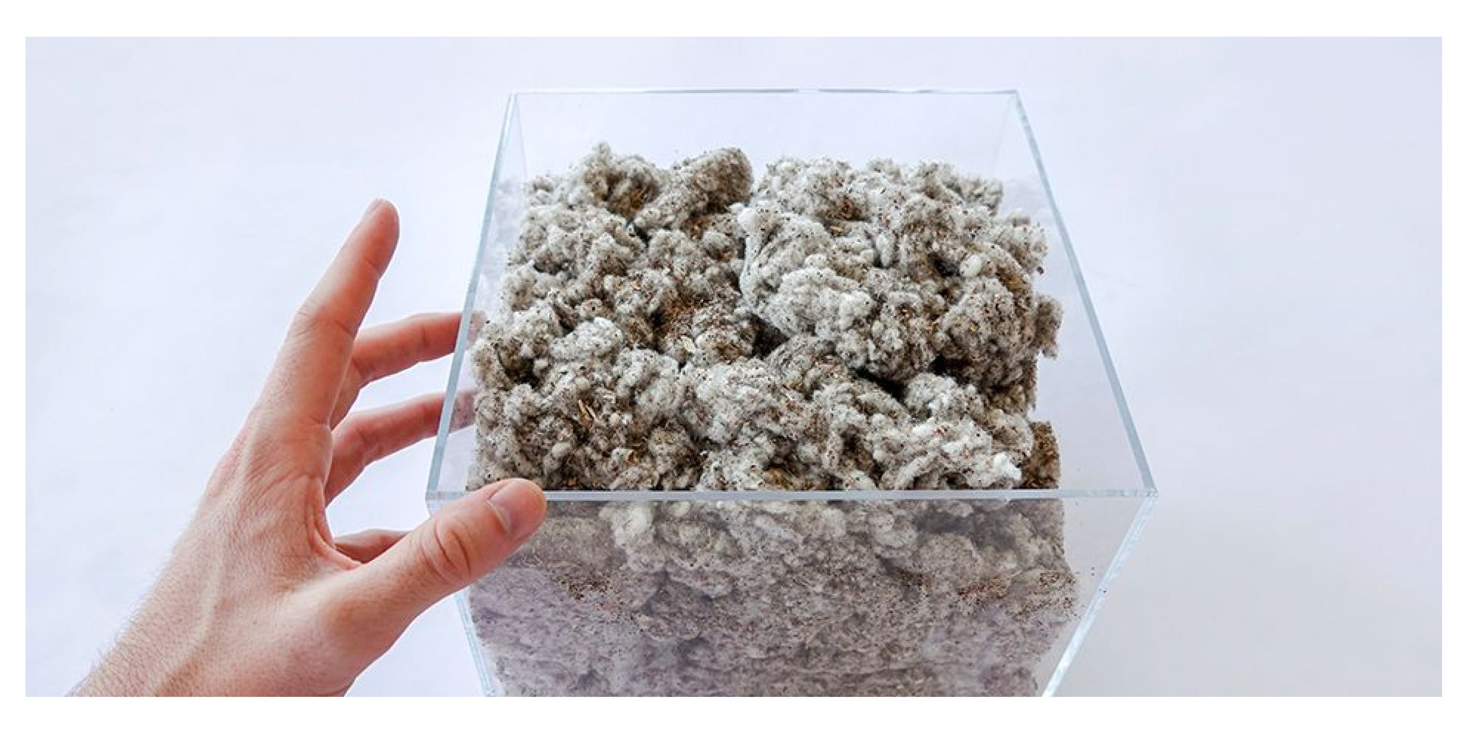 Hand holding a clear cube container filled with a grayish reclaimed waste cotton material.