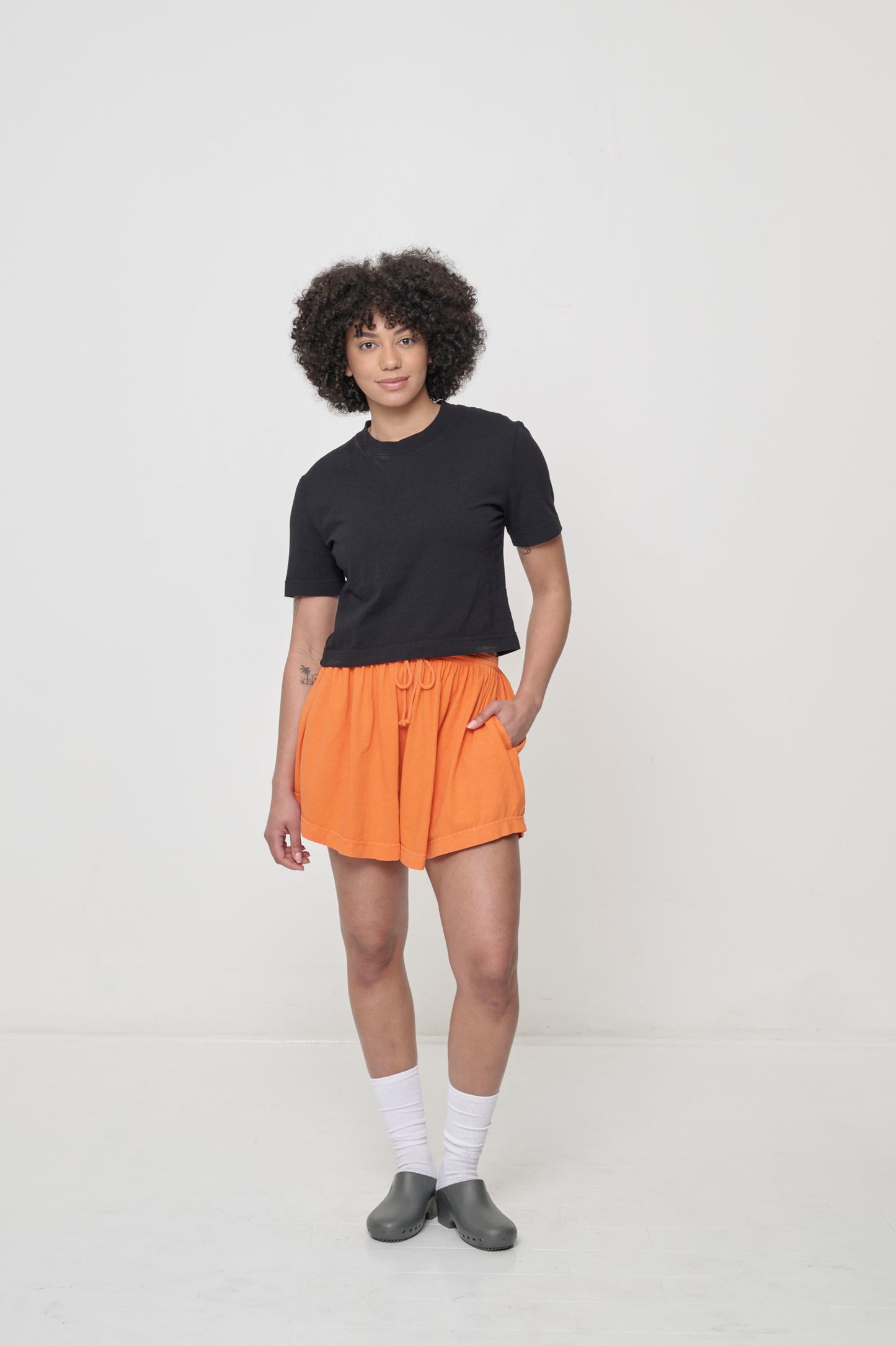 Front view showing relaxed yet slim short sleeves