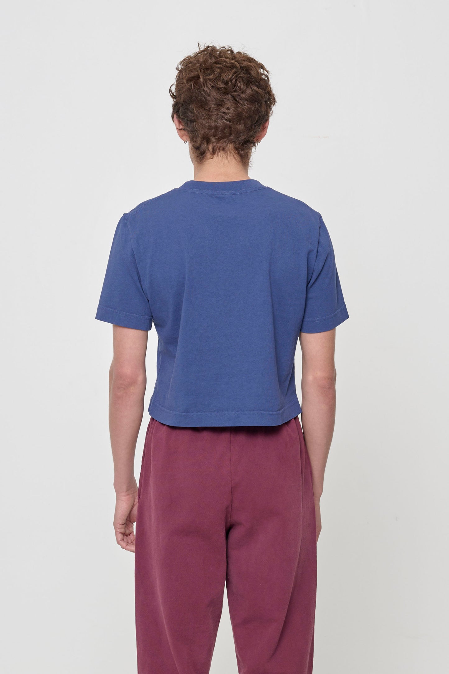 back view showing cropped length, and classic crew neck