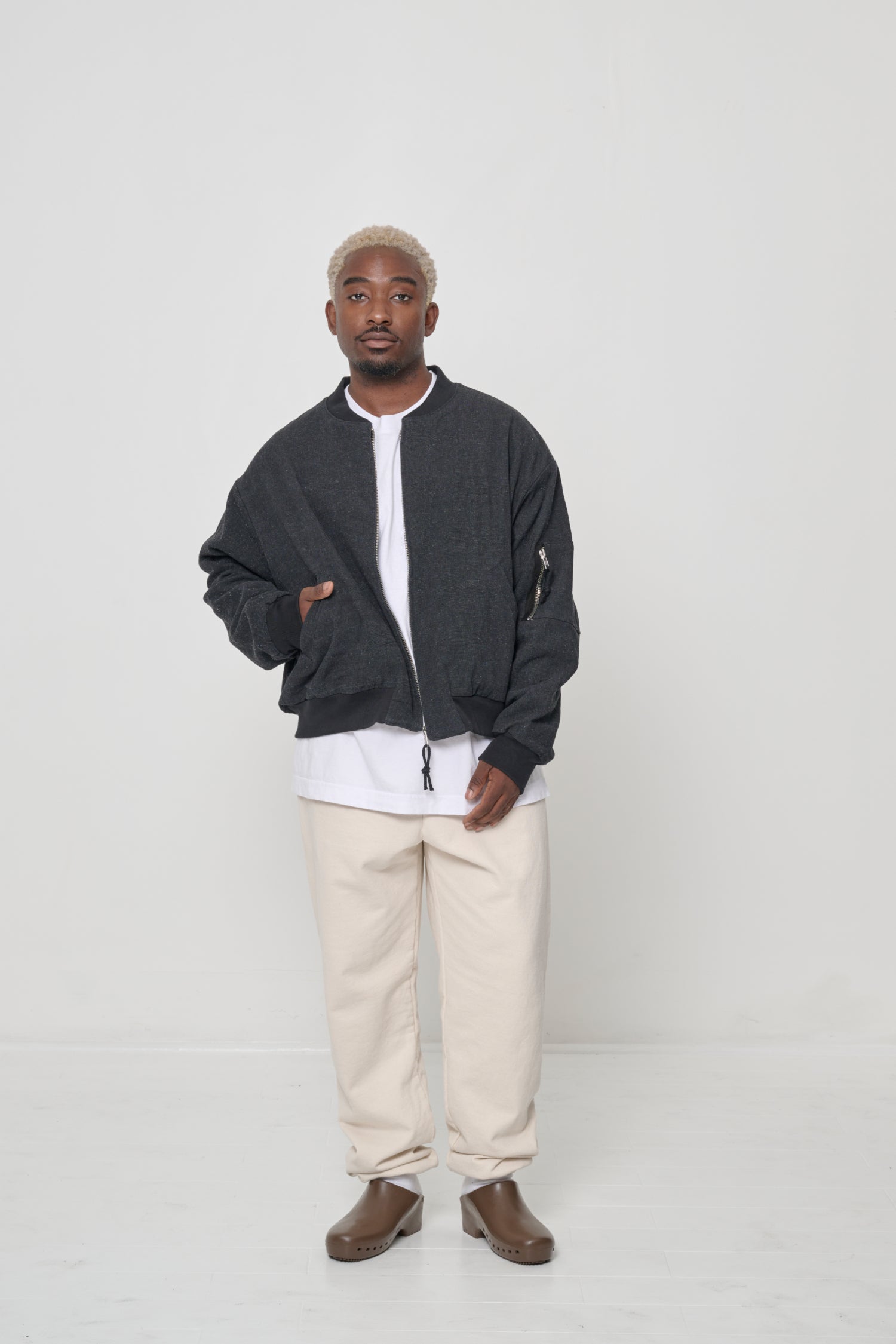 Man with one hand in one of the two front pockets.