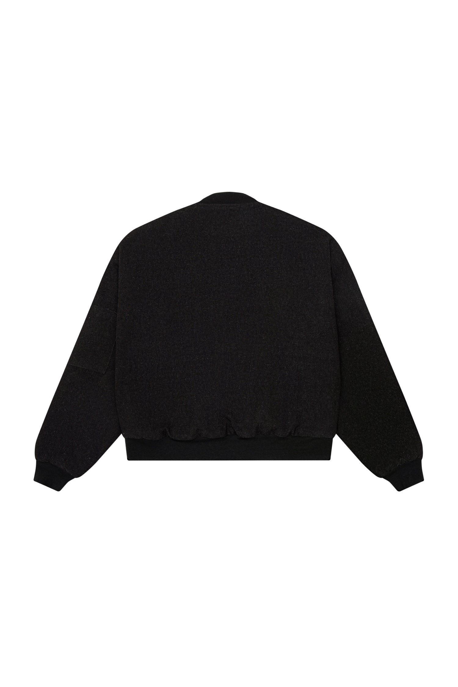 Flat lay of the Biodegradable Bomber Jacket in Black, showing the back of the jacket.