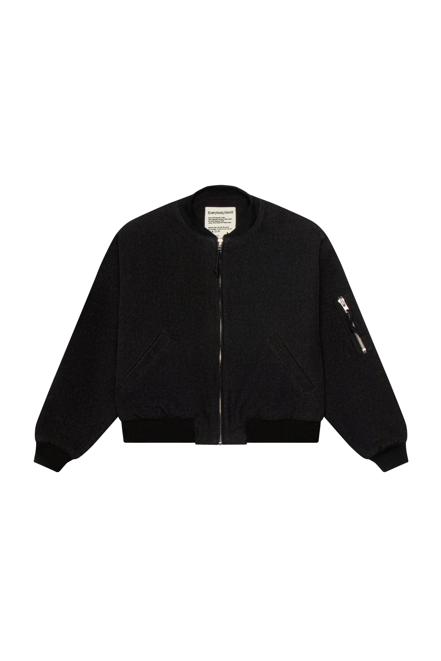 Flat lay of the Biodegradable Bomber Jacket in Black, showing the front of the jacket, the metal zip hardware and pockets.