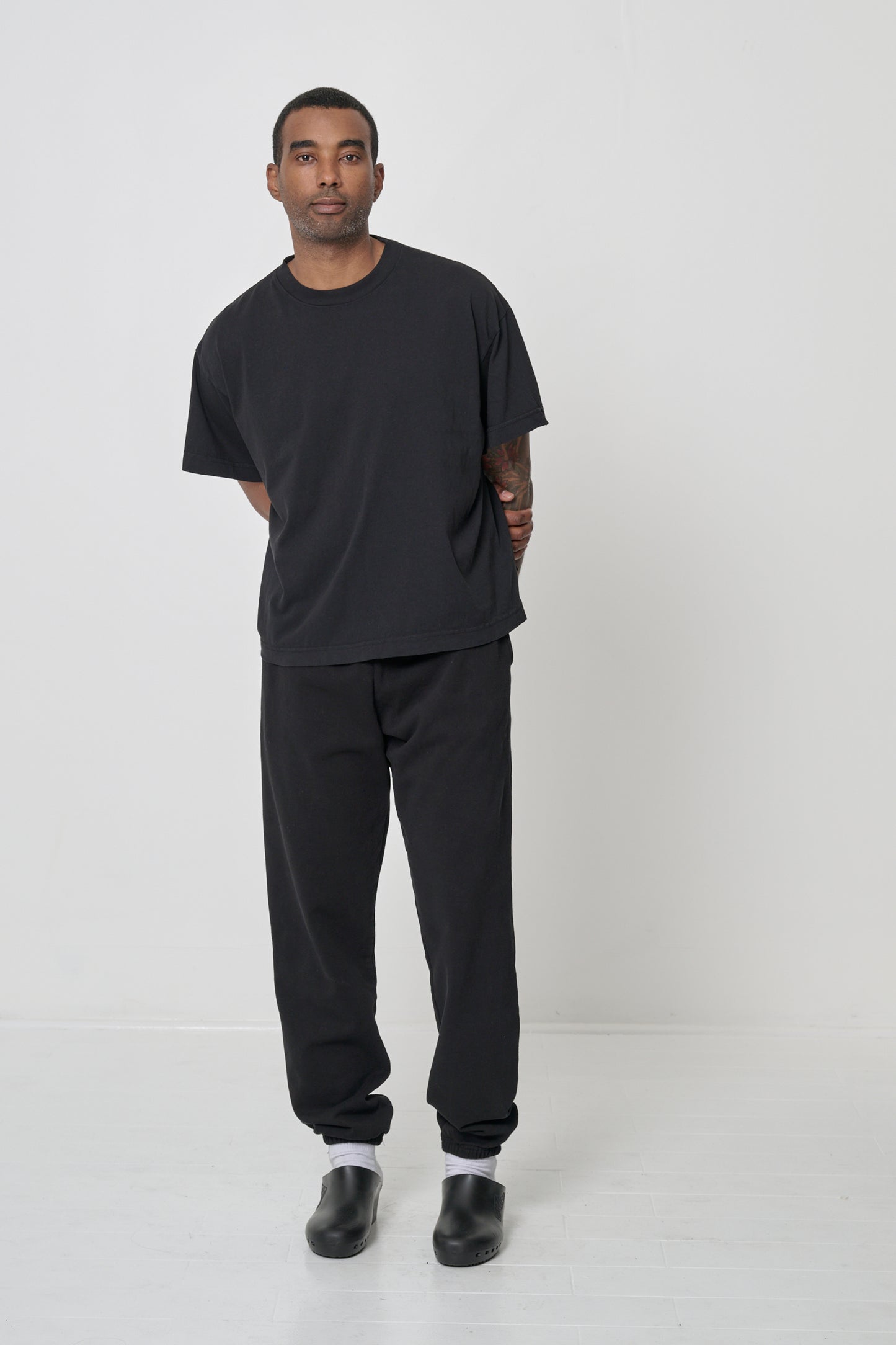 Styled with matching Trash Sweatpants and Calzuro clogs.