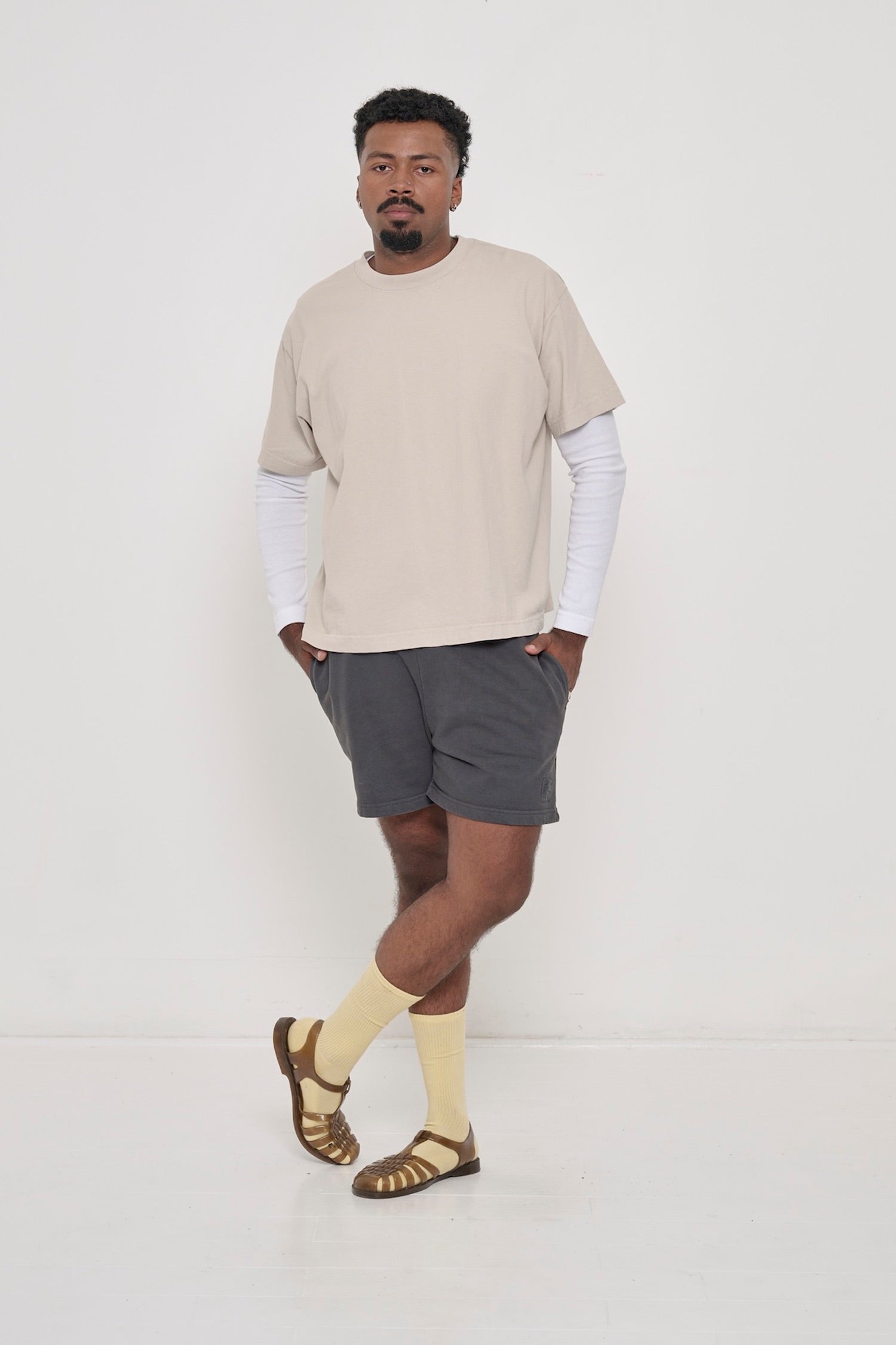 Tee layered over Rib Long Sleeve in White and Slate Everyday Shorts.