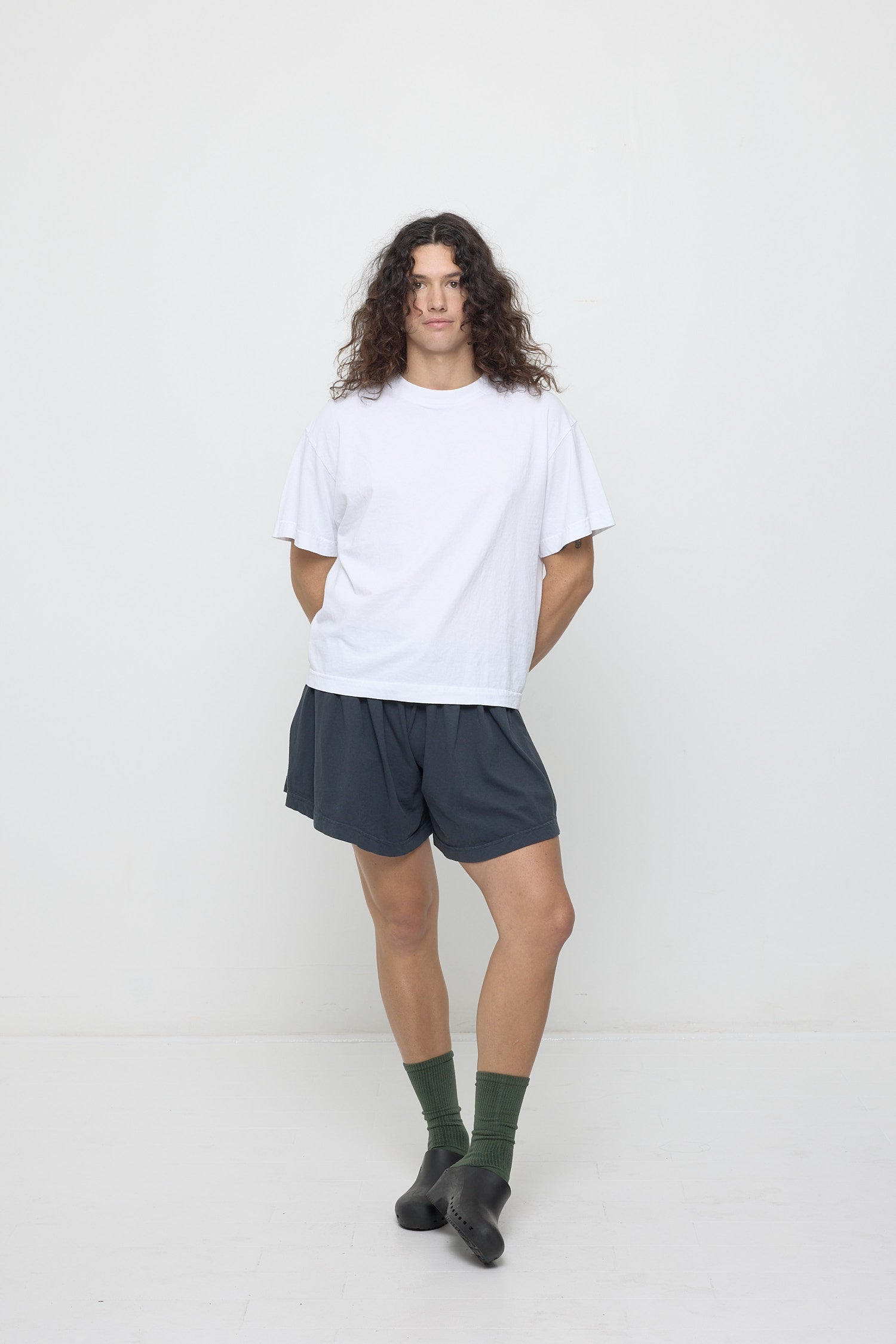 Styled with Slate Tubular Shorts and Calzuro clogs.