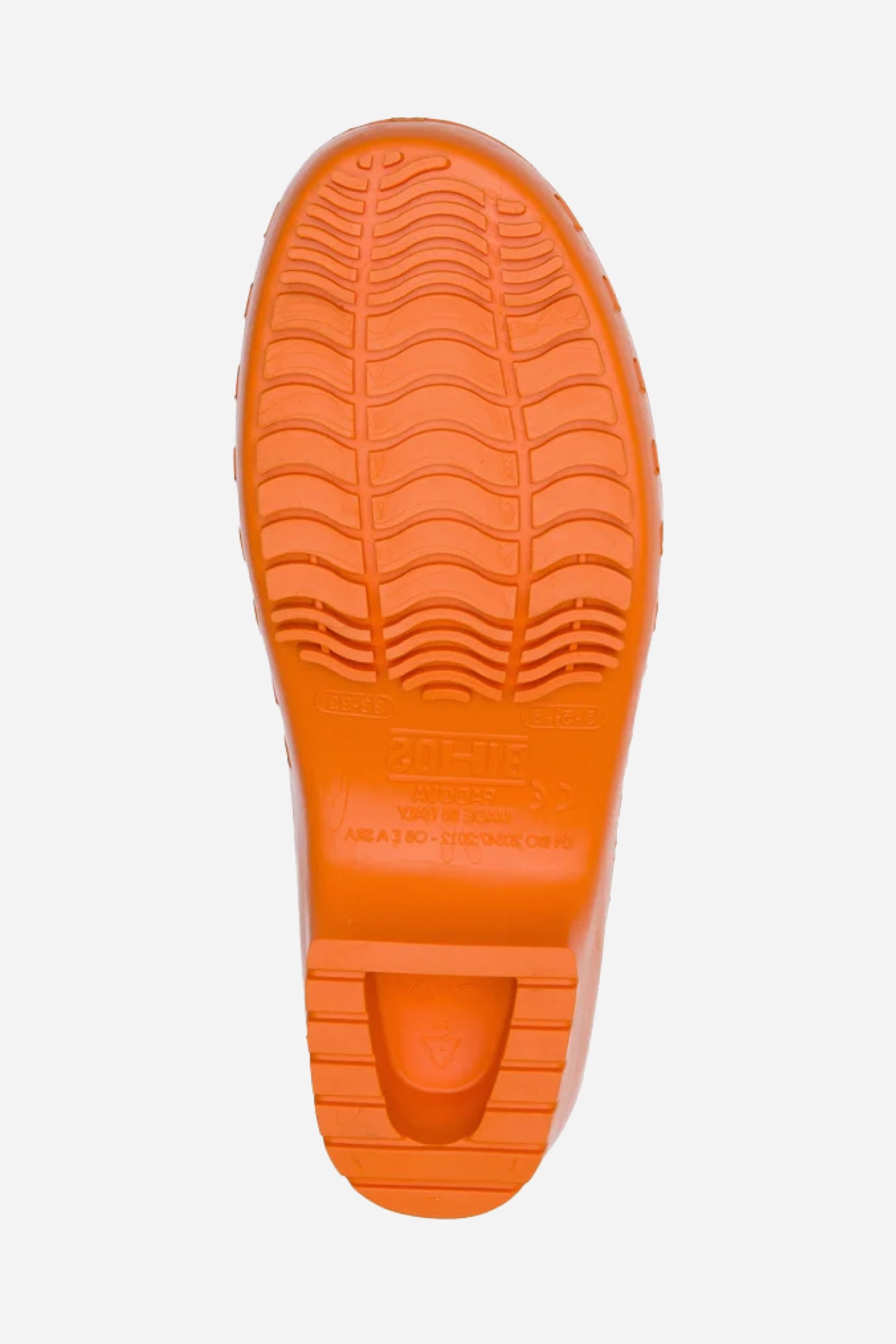 Overhead view: anti-slip outsole of an Orange Calzuro Classic Clog.