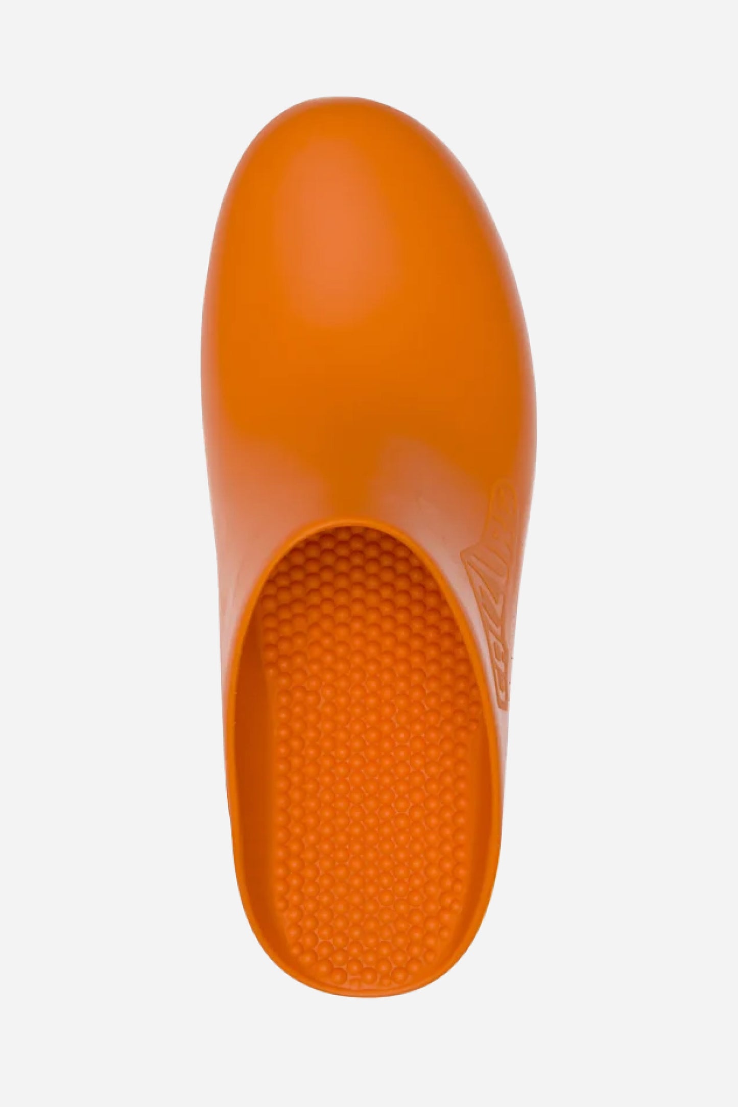 Overhead view of an Orange Calzuro Classic Clog featuring rounded toe and massaging bumps on the insole.