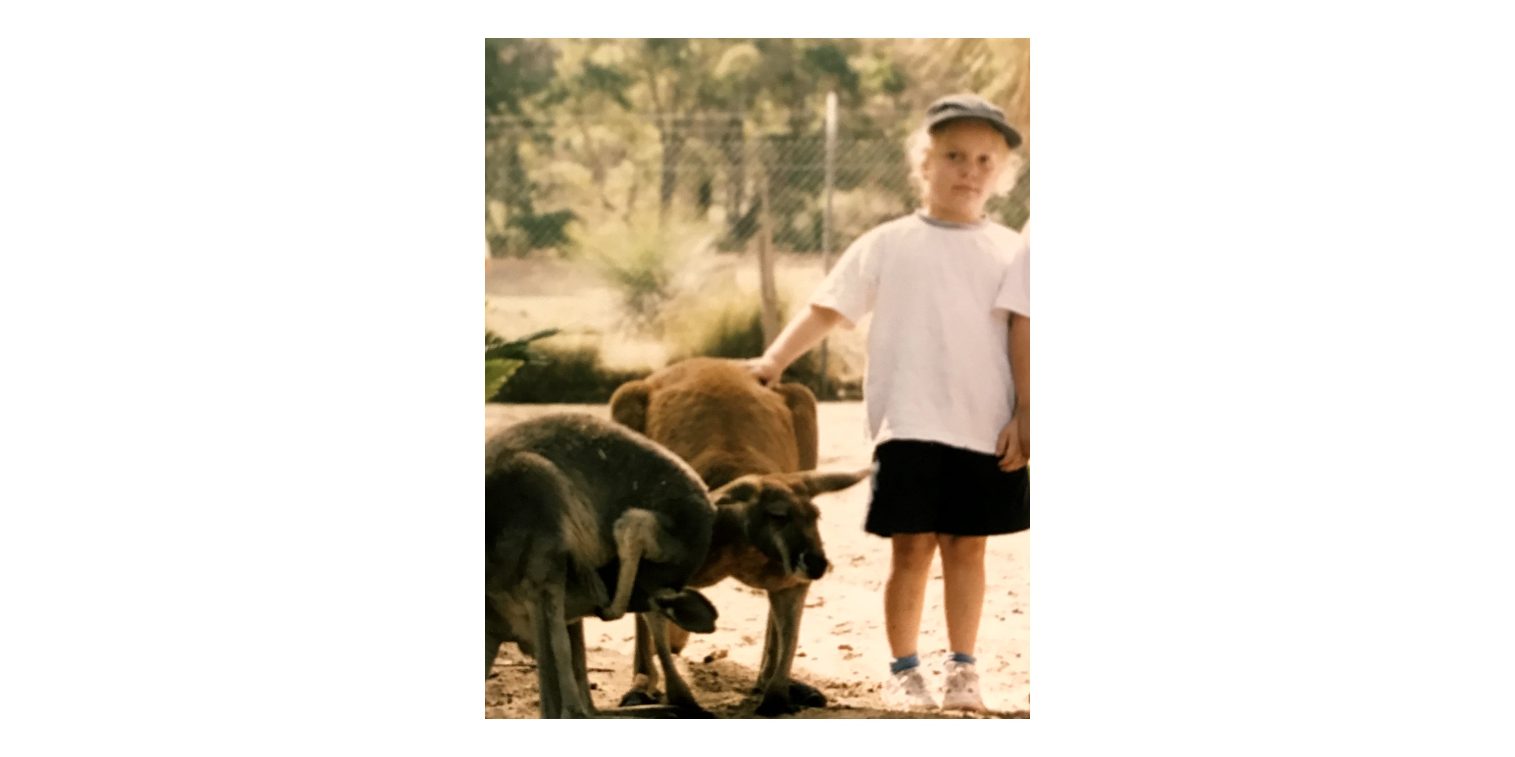 Ariel Katz in childhood, wearing shorts and a tee, petting a kangaroo.