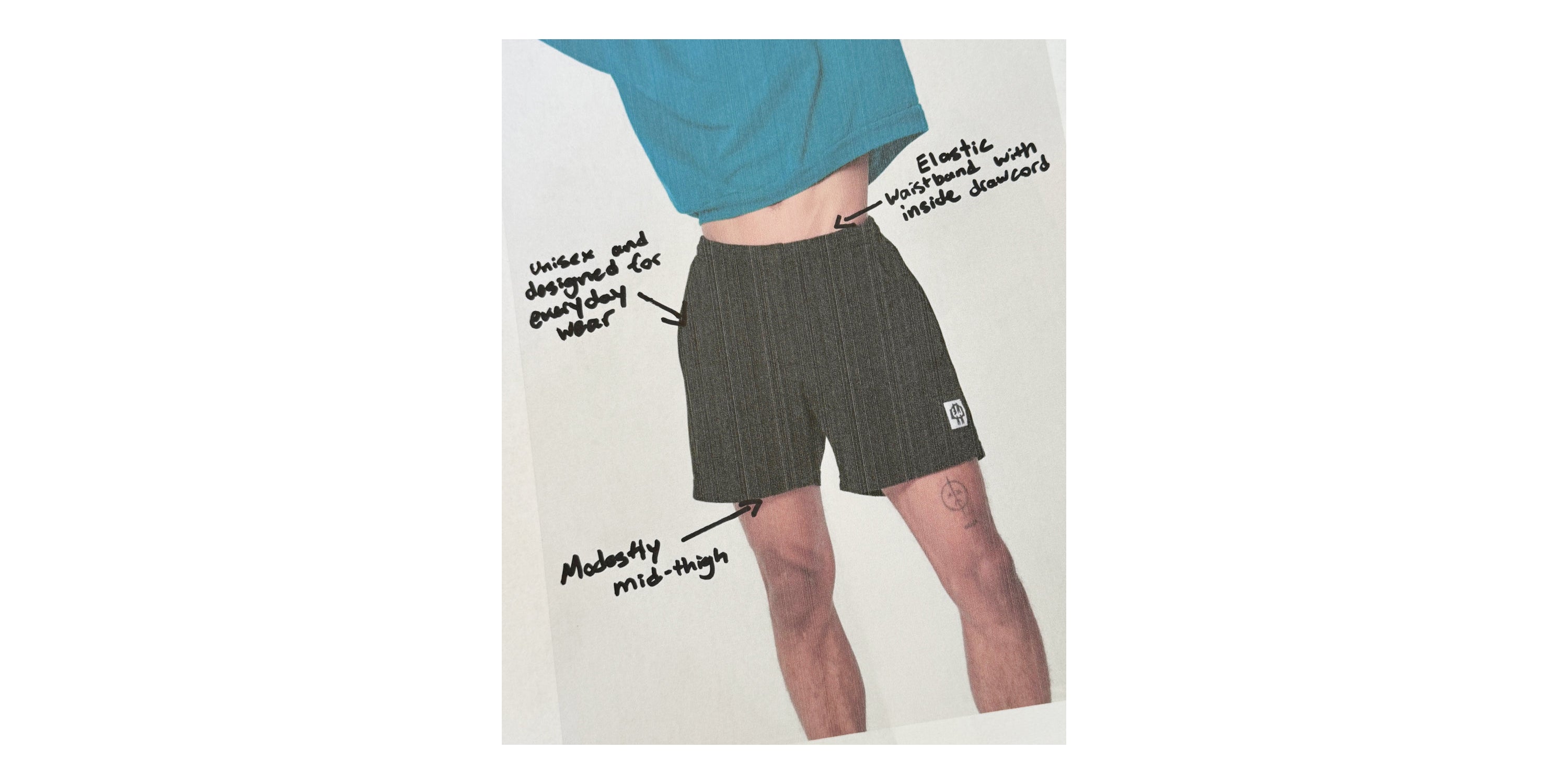 Model wearing Everyday Shorts with 3 label annotations: 1. Unisex and designed for everyday wear. 2. Elastic waistband with inside drawcord. 3. Modestly mid-thigh
