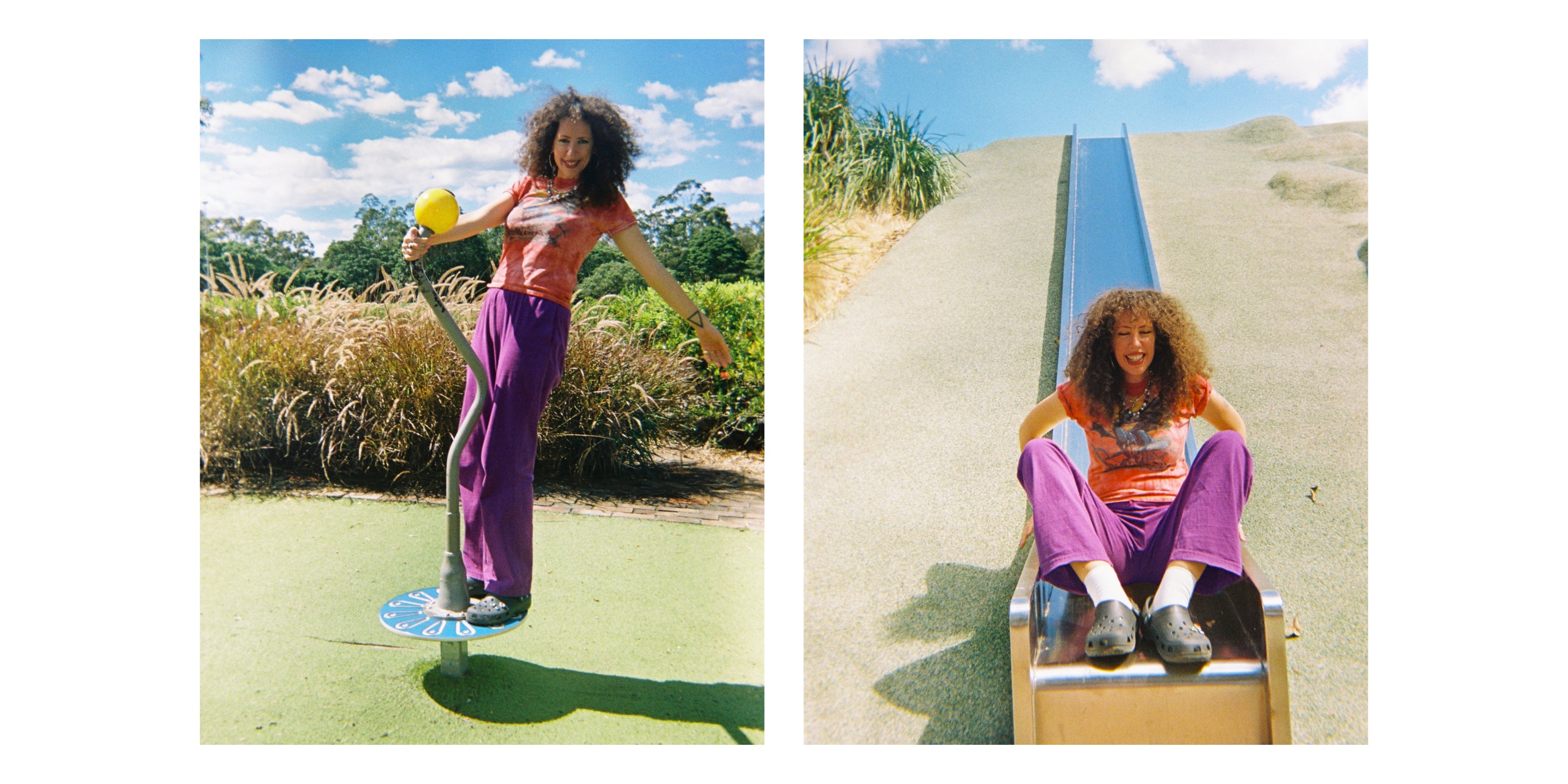 Jerico in a red graphic tee and purple Apartment Pants. She’s on a balance step and sitting on a metallic park slide.