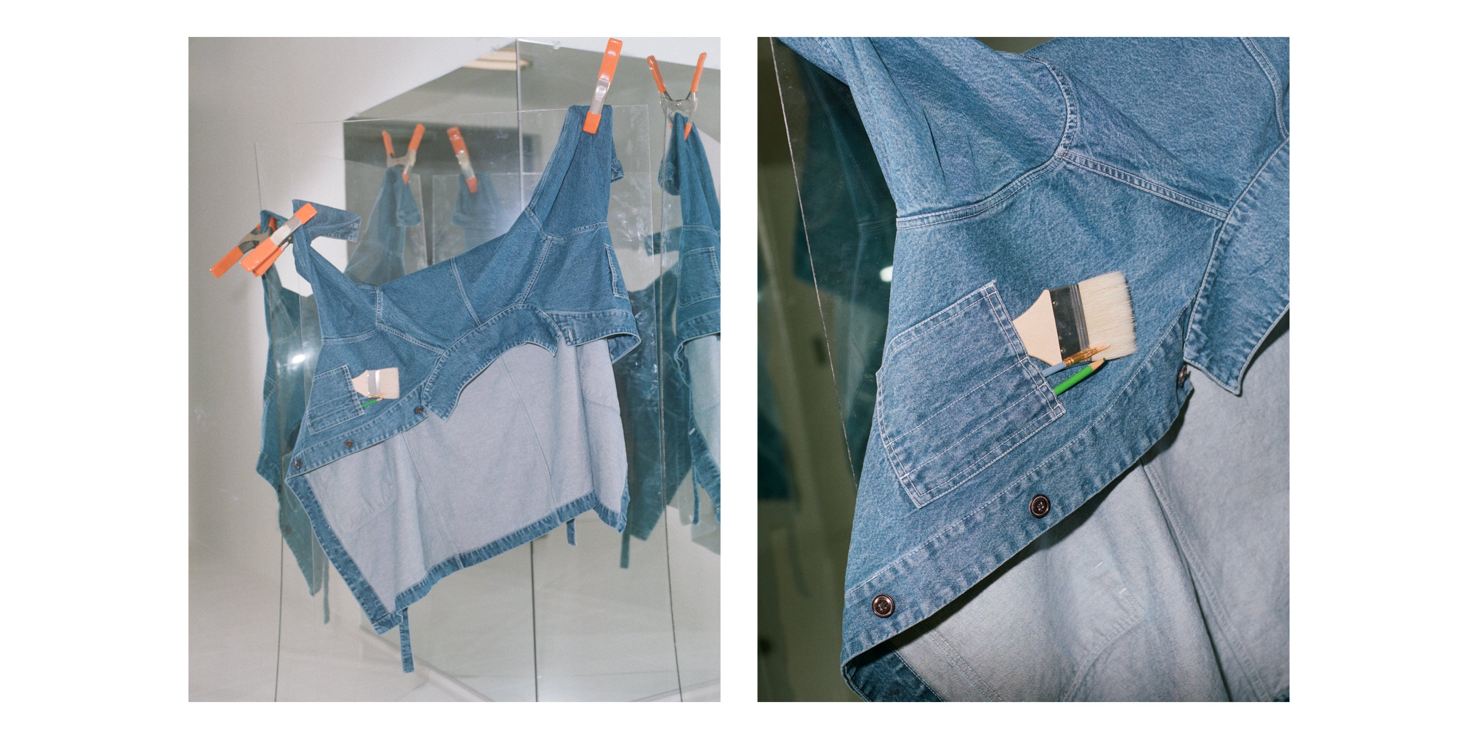 Two framed shots of a denim Griffin Mill Coat clamped to a clear panel, before full-length mirrors. Left: full coat. Right: close-up of chest pocket with paintbrushes and pencil.