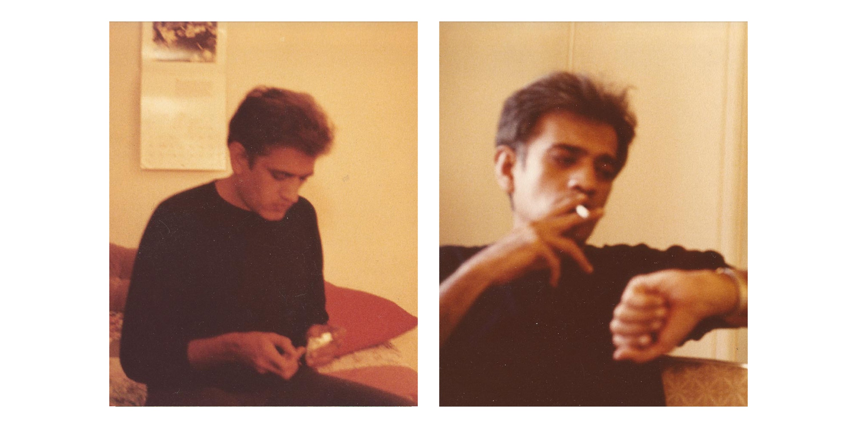 Old photos show Prakash with short black hair: on a bed, looking at his hands; smoking, checking his watch.