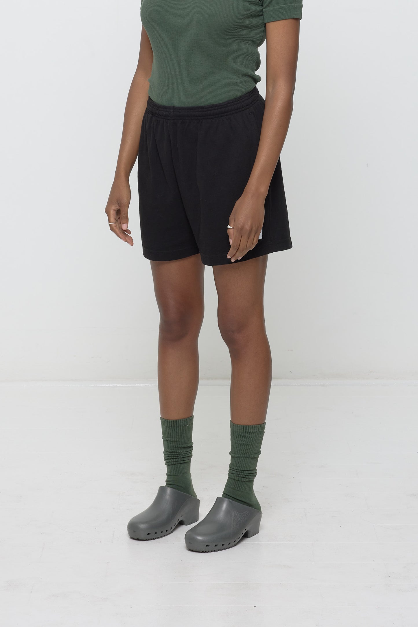 3/4 front view to emphasize elastic waist and relaxed fit.
