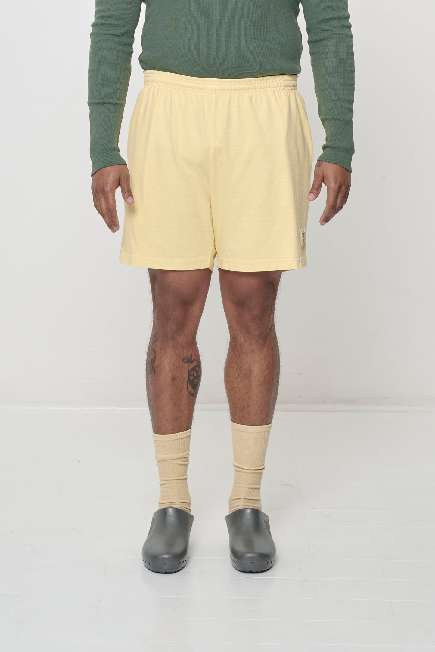 Light yellow French Butter Everyday Shorts shows relaxed fit.
