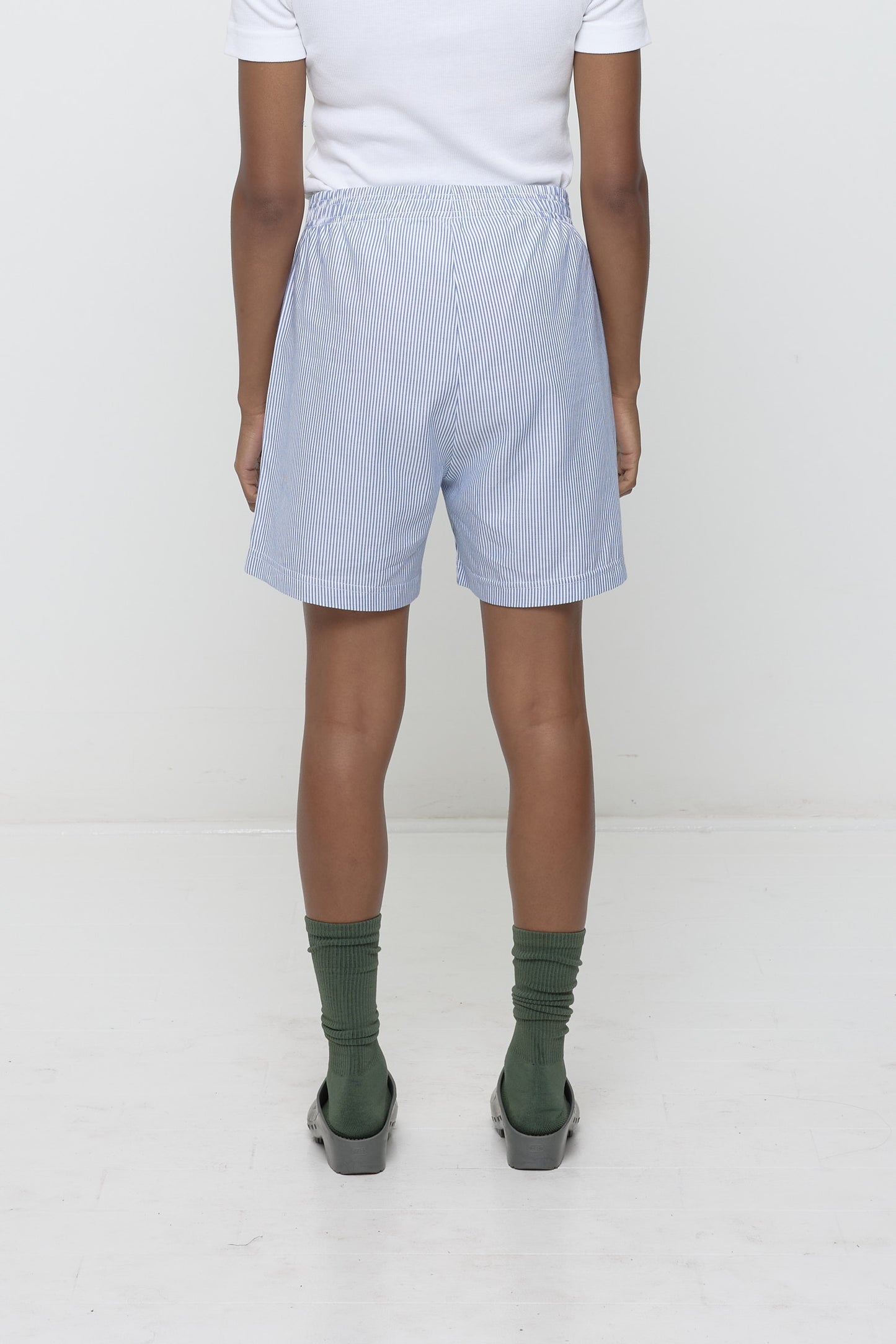 Close-up back view of Stripe Poplin Everyday Shorts. Highlights crisp fabric and clean seams.