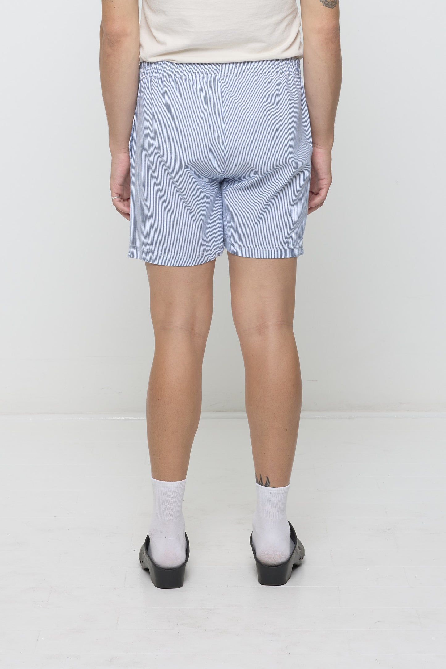 Close-up back view of Stripe Poplin Everyday Shorts. Highlights crisp fabric and clean seams.