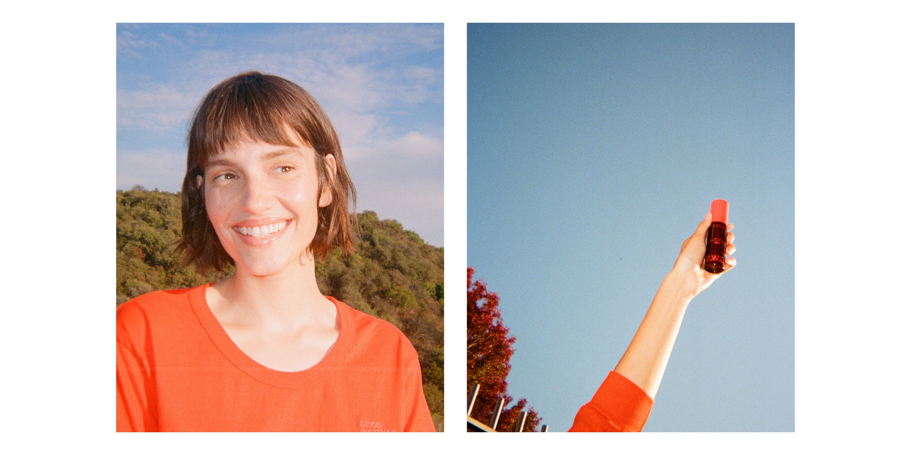 Left: Woman in orange tee, smiling, head and shoulders only, with mountains and sky in background. Right: Hand holding a Good Weather Sun Cream bottle against blue sky.