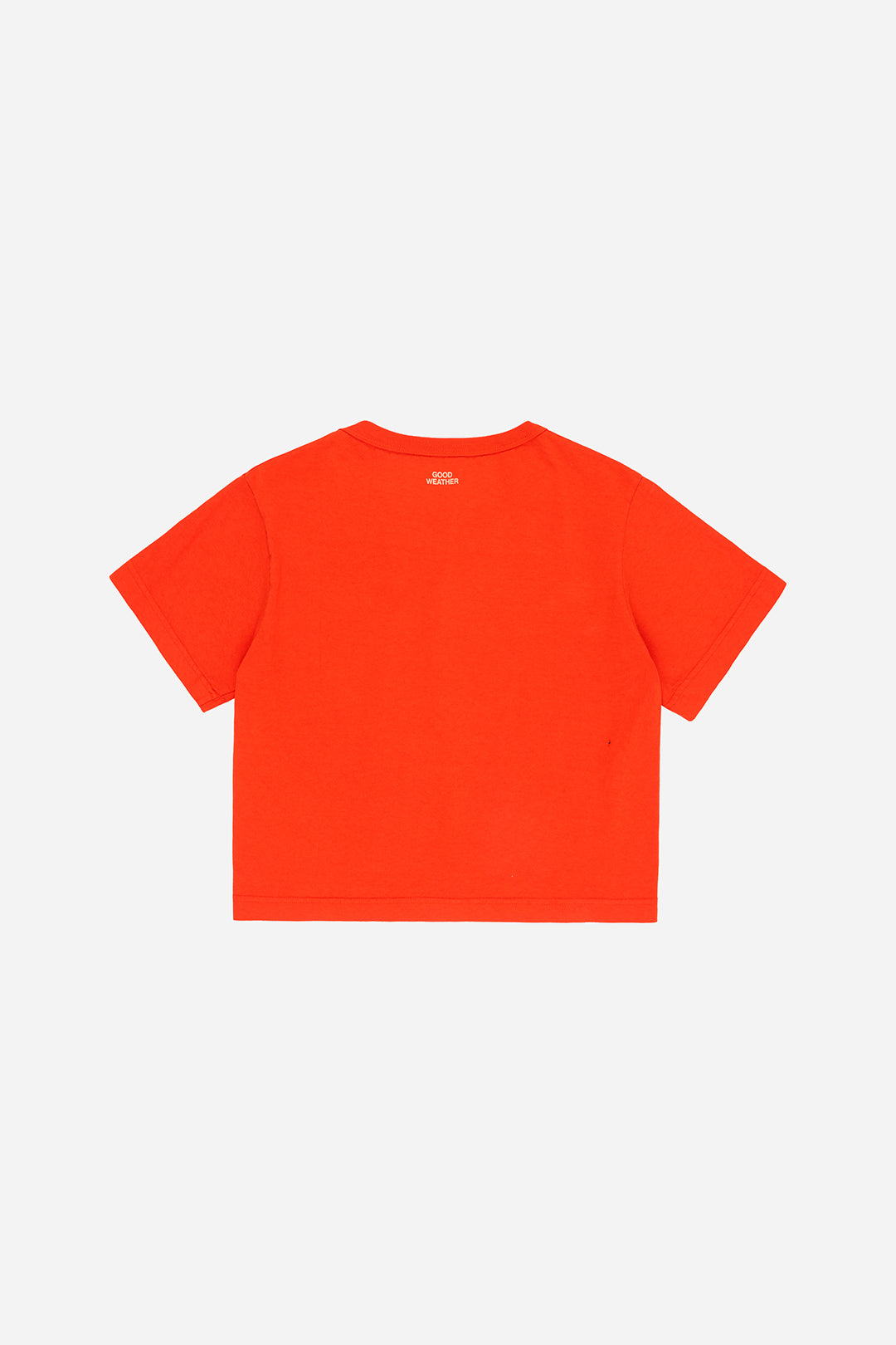 Back view flat lay of Hot Orange Good Weather Trash Tee showing Good Weather logo printed along the edge of the back neckline.