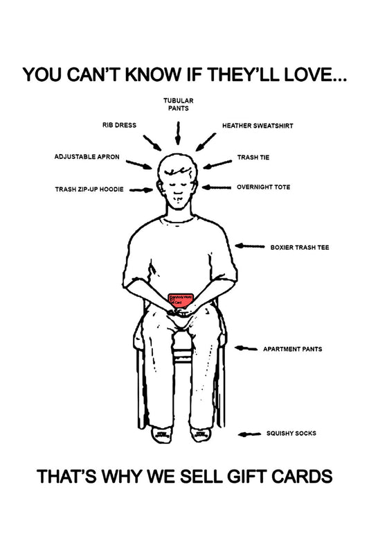 A drawing of a person sitting, holding a Gift Card. They are thinking about different products they can choose from with a Gift Card.