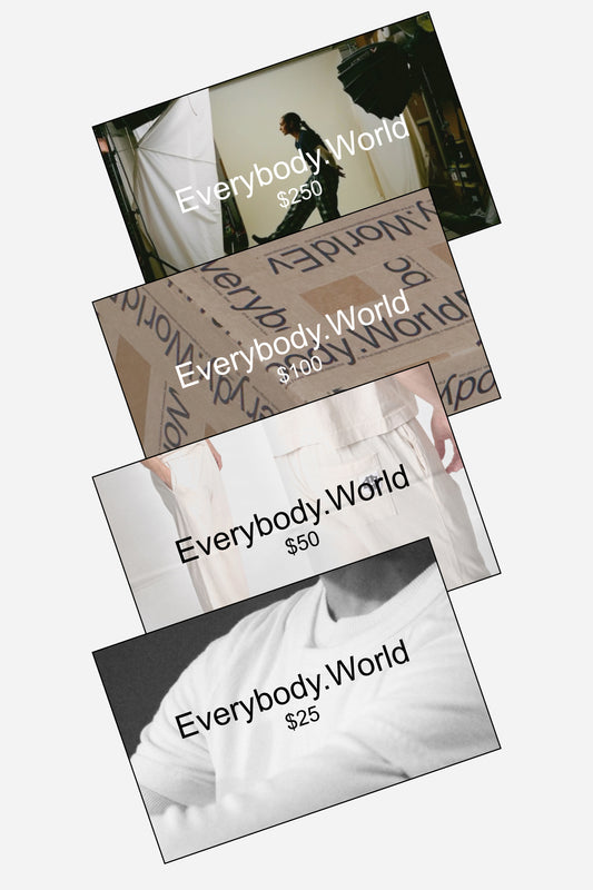 Four Everybody.World gift card partially stacked on top of each other, showing values of $25, $50, $100 and $250