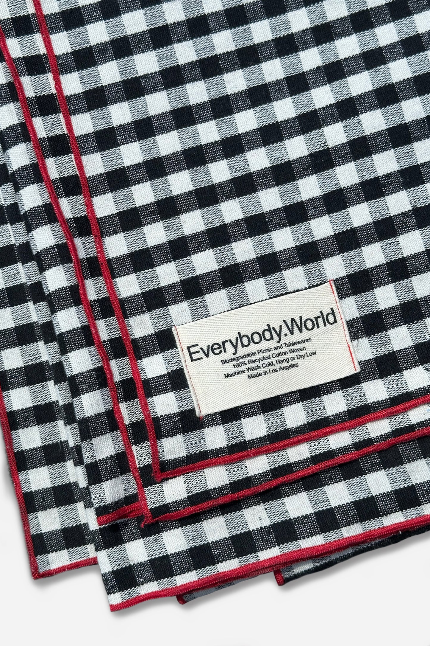 Black and white checkered fabric with red border and 'Everybody World' label.