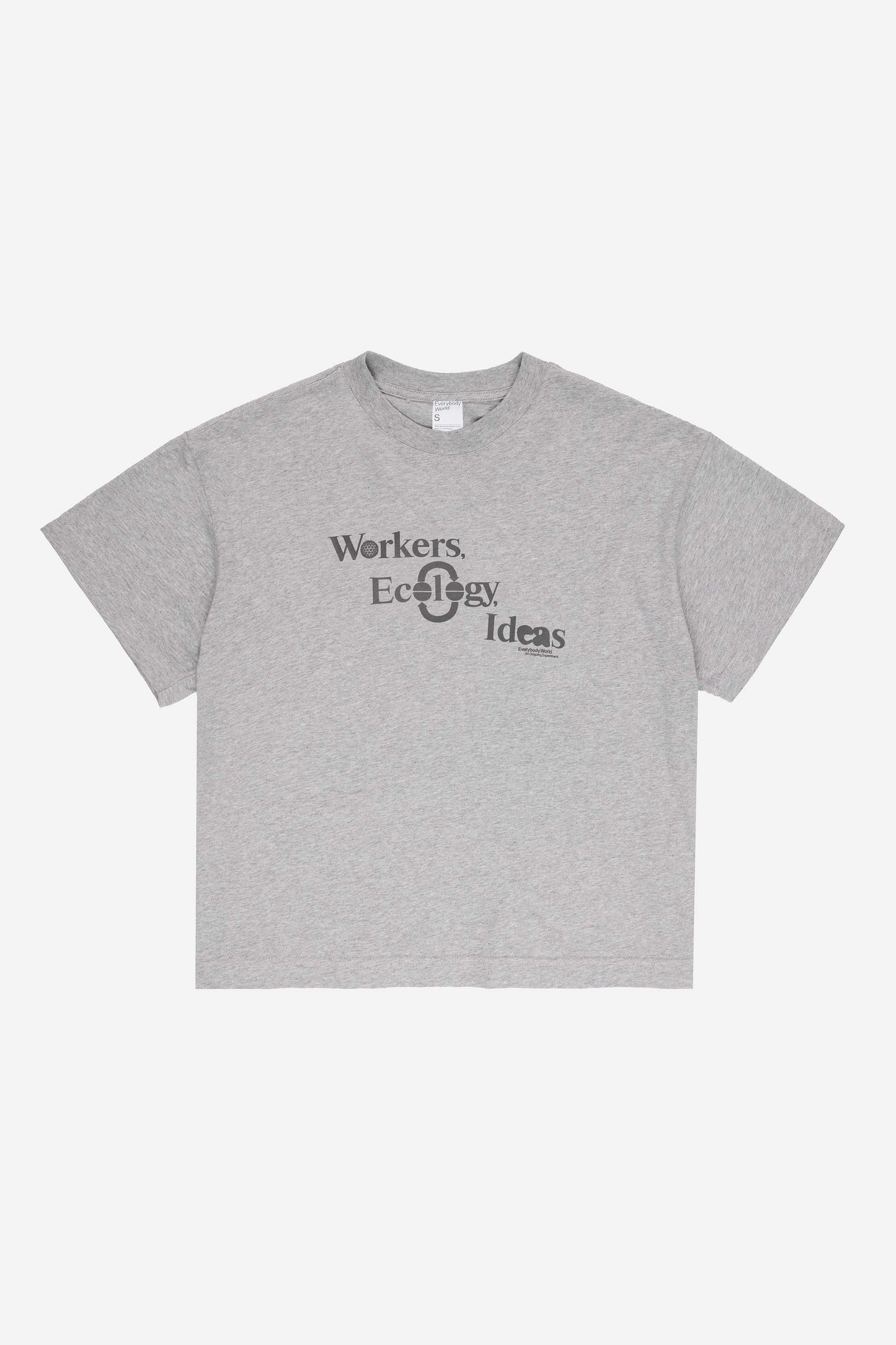 Flat lay of Heather Boxier Tee that reads 'Workers, Ecology, Ideas' screenprinted on the front.