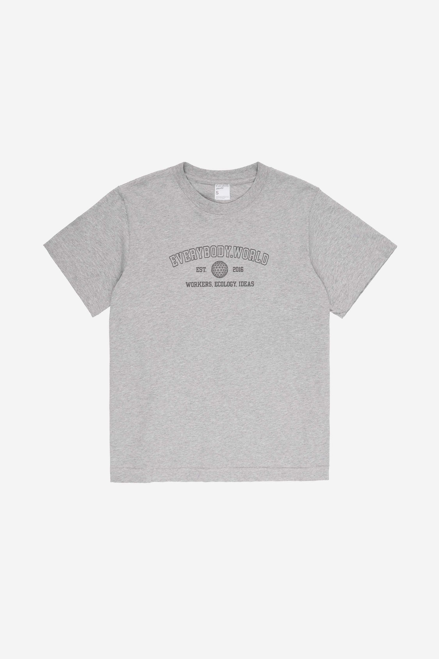 Flat lay of Heather Short Sleeve Tee that reads 'Everybody.World' and 'Workers, Ecology, Ideas' screenprinted on the front.
