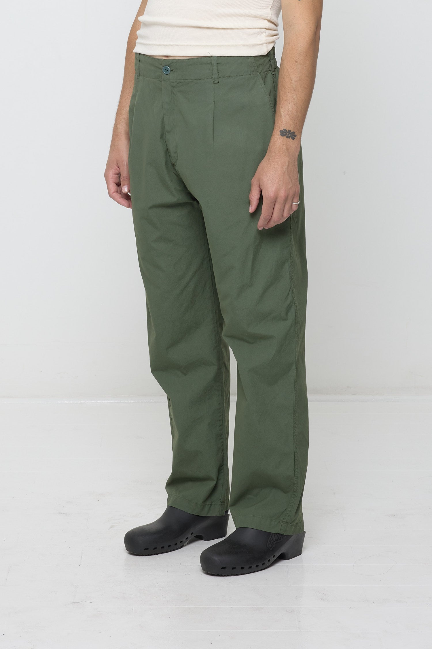 45-degrees from the front showing inseam and outseam.