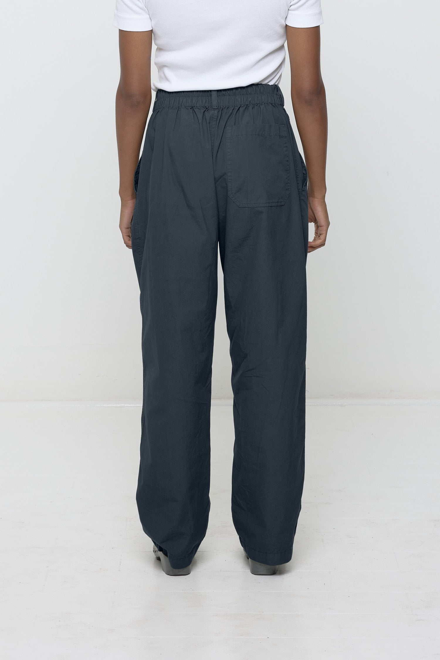 Back view shows elasticized back waistband and right back pocket.