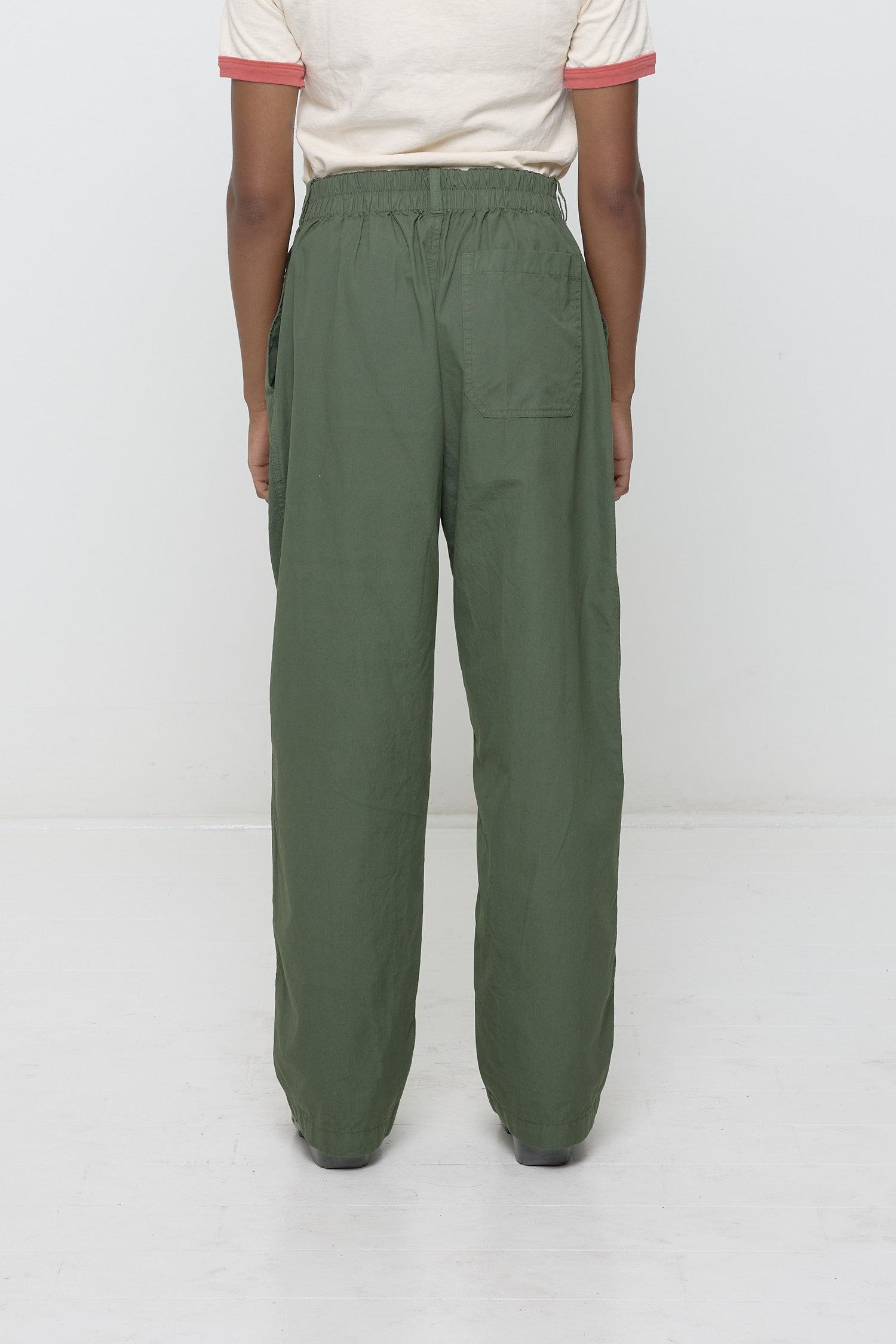 Back view shows elasticized back waistband and right back pocket.