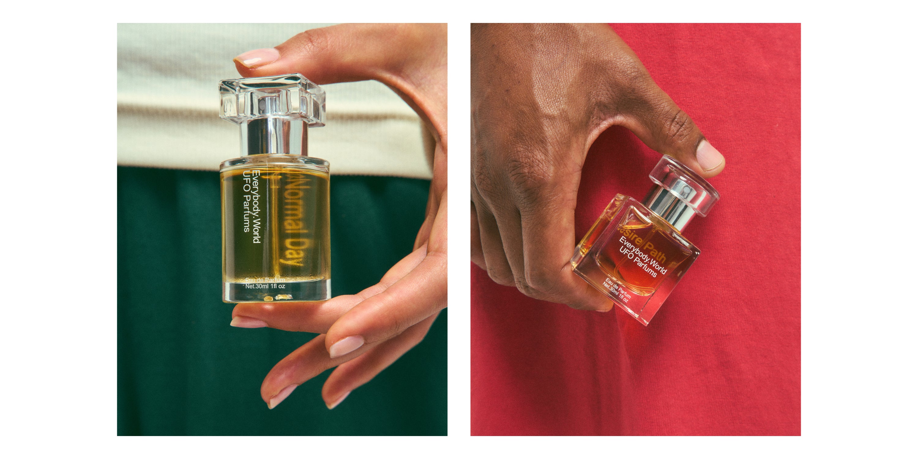 Left: Normal Day perfume held with a person's thumb and middle finger. Right: Desire Path perfume held with a person's thumb and index finger. Both have "Everybody.World UFO Parfums" printed on the bottle.
