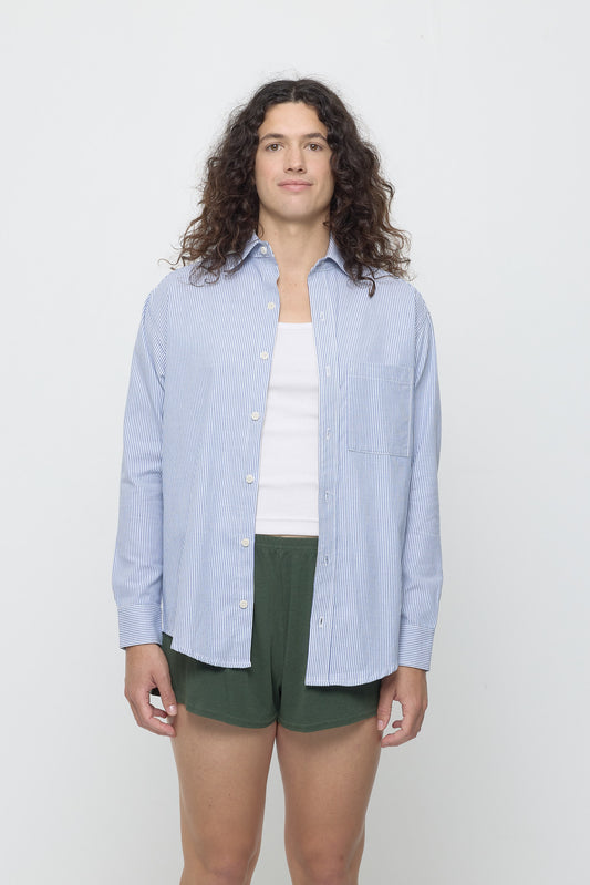 6' person in a size M Stripe Poplin Button Up Shirt. Hem just below the hips.