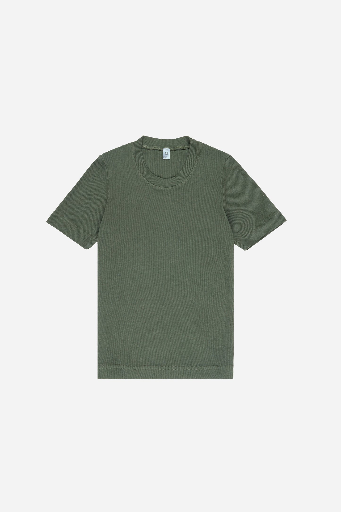 Flat lay of the Rib Short Sleeve in Pine, showing the full length and short sleeves.