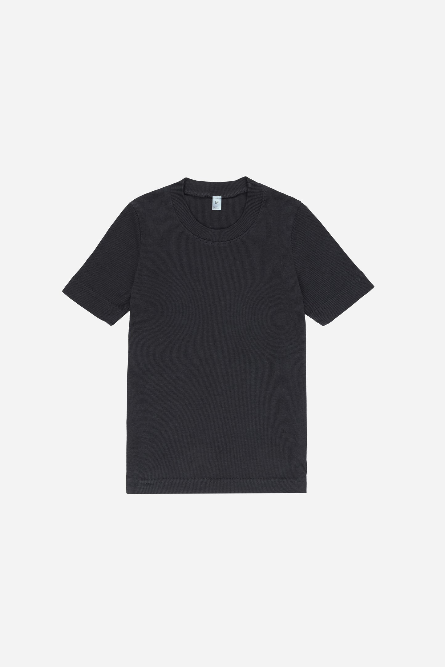Flat lay of the Rib Short Sleeve in Slate, showing the full length and short sleeves.