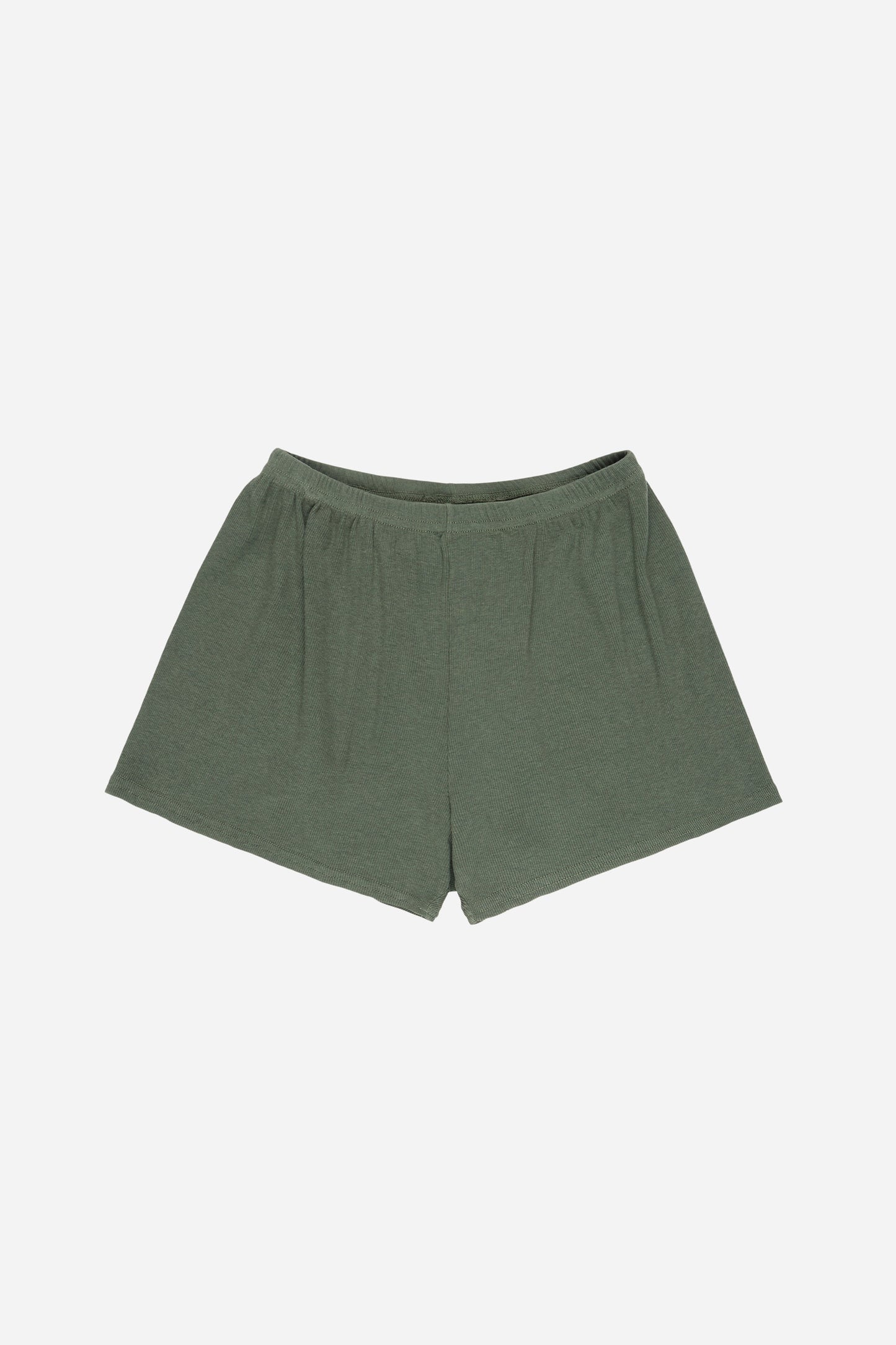 Flat lay of Pine Rib Shorts showing slight gathers from the waist that give the shorts the relaxed fit.