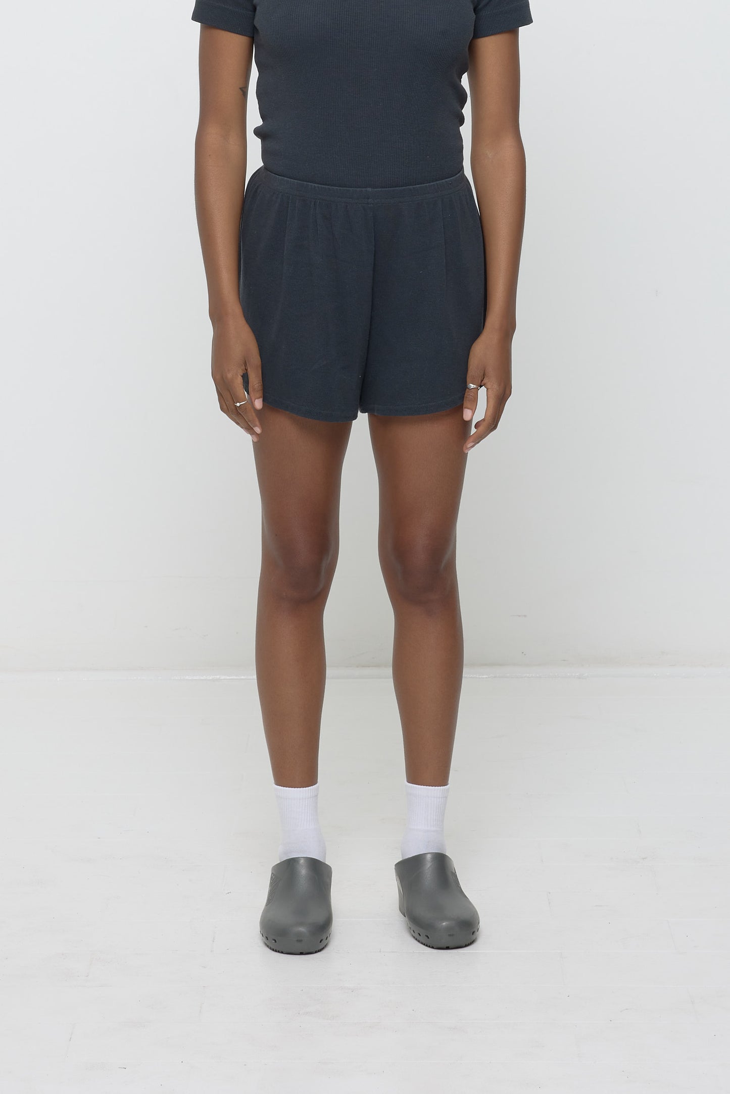 Slate Rib Shorts on model, front. Relaxed fit, upper-thigh length and elastic waist.