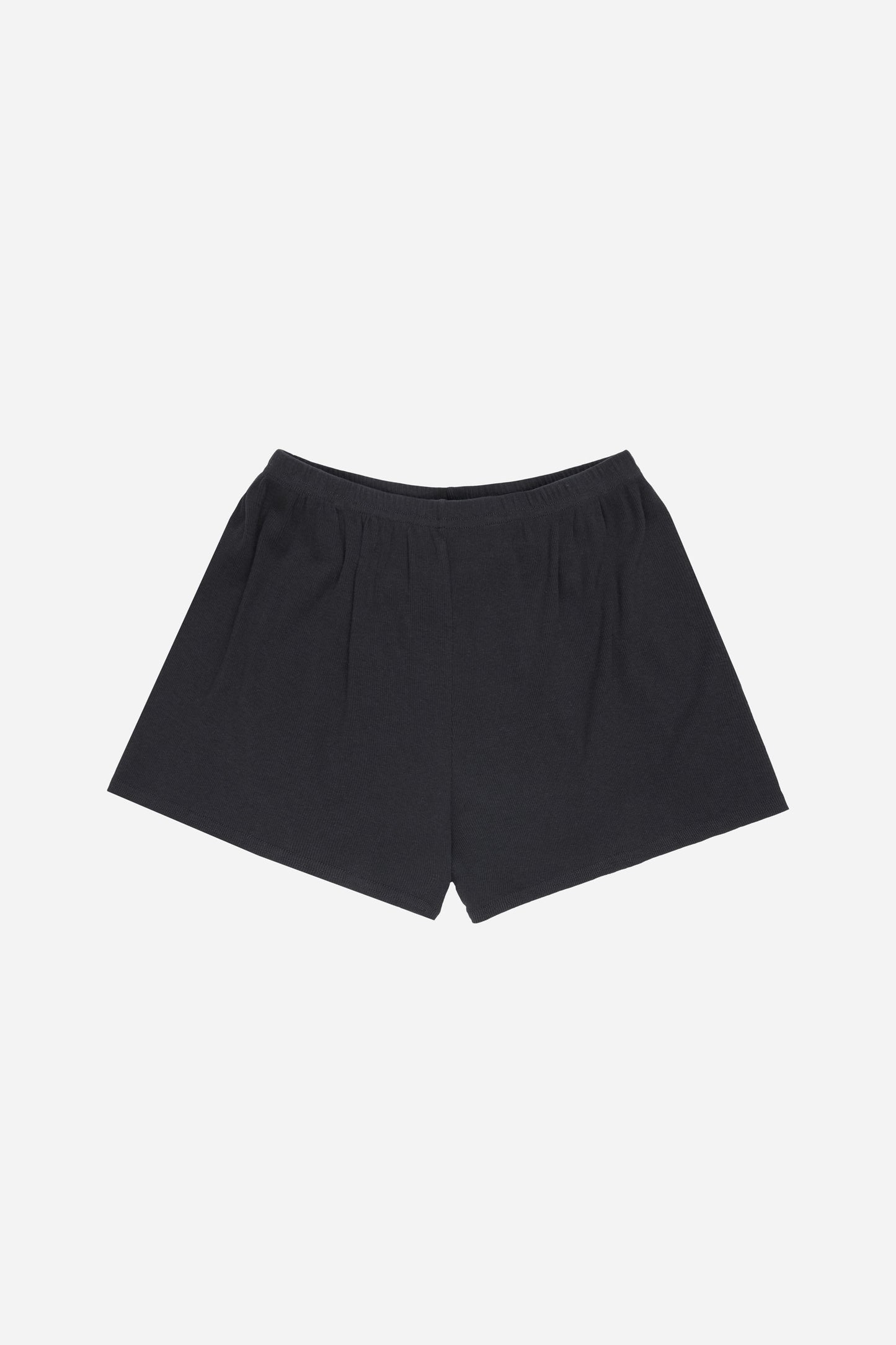 Flat lay of Slate Rib Shorts showing slight gathers from the waist that give the shorts the relaxed fit.