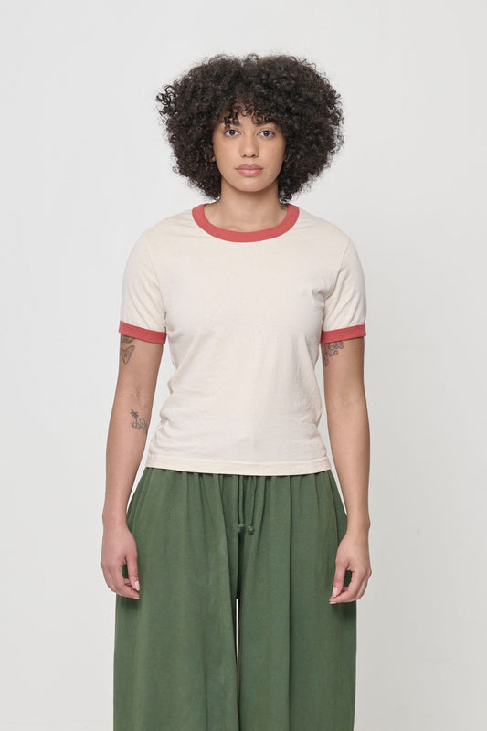 Front view of a 5'8" person wearing a size S Ringer Trash Tee in Cedar. Hem hits her upper-middle hip.