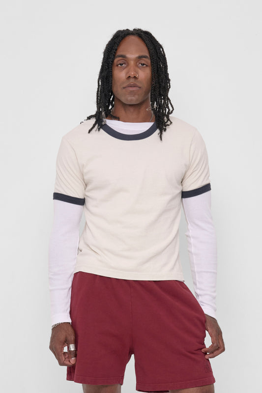 Ringer Trash Tee in Slate – front view on model, layered over a White Rib Long Sleeve