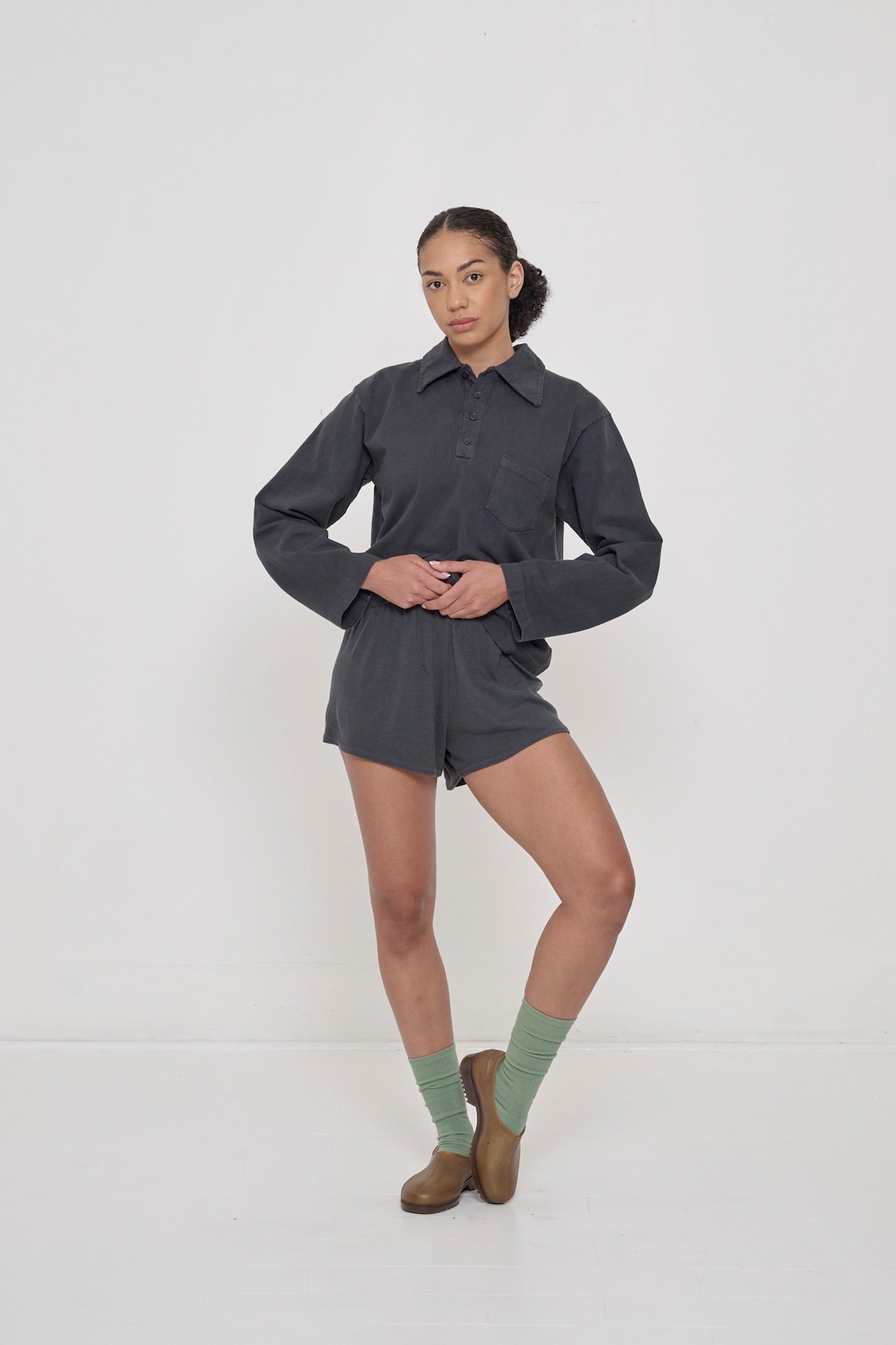 Styled with matching Slate Rib Shorts.