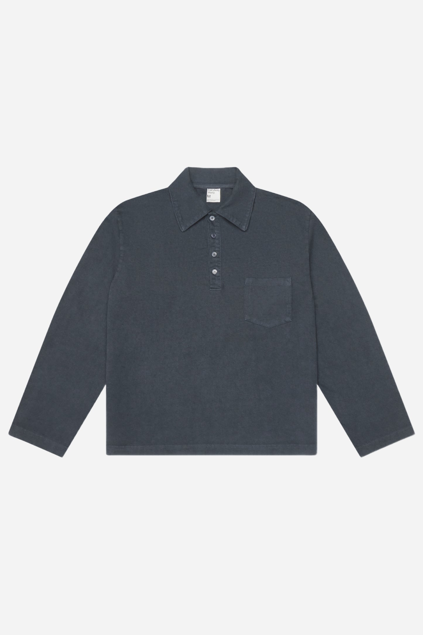 Flat lay of the Slate Rugby Trash Polo, showing color, buttons, and front pocket.