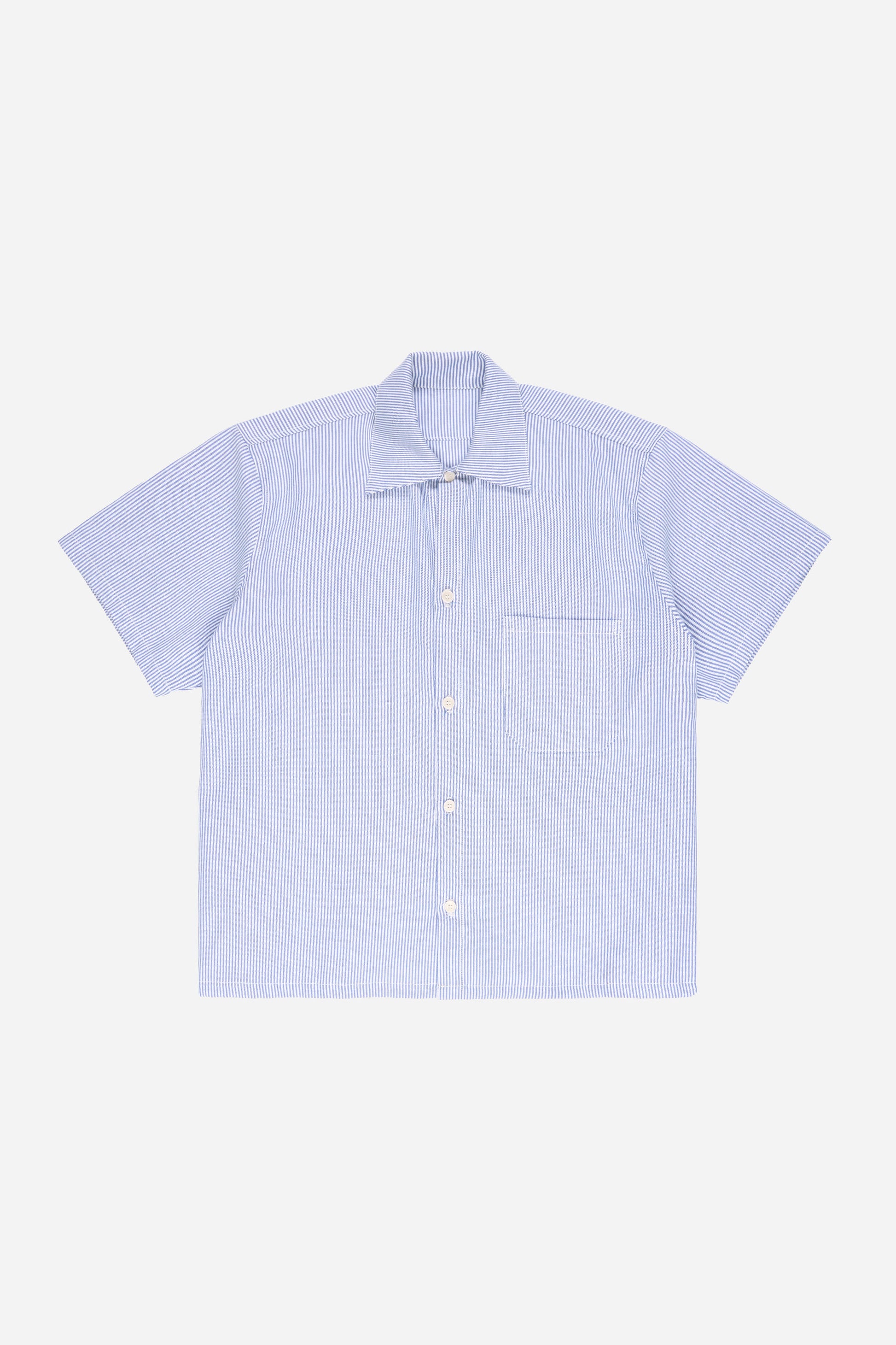 Flat lay of blue buttoned up Short Sleeve Stripe Poplin Button Up Shirt, front view