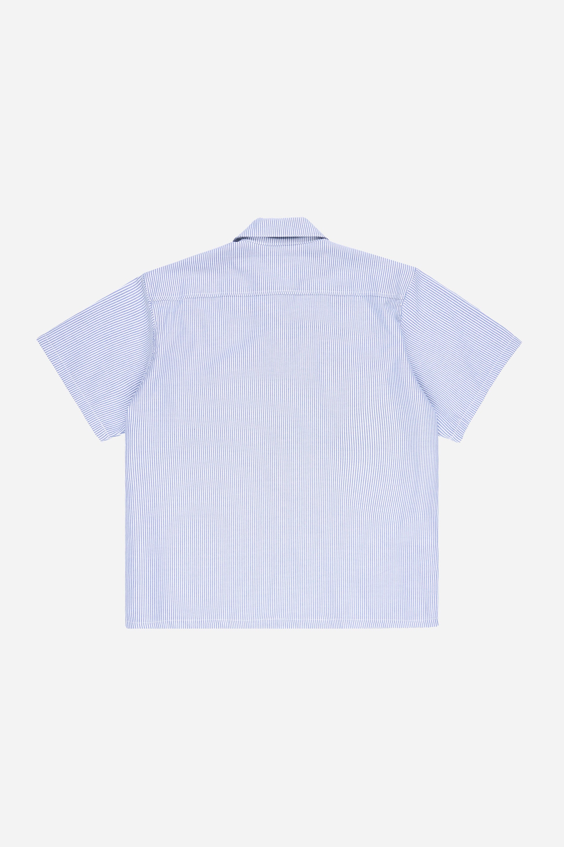 Flat lay of Short Sleeve Stripe Poplin Button Up Shirt, back view, showing  yoke.