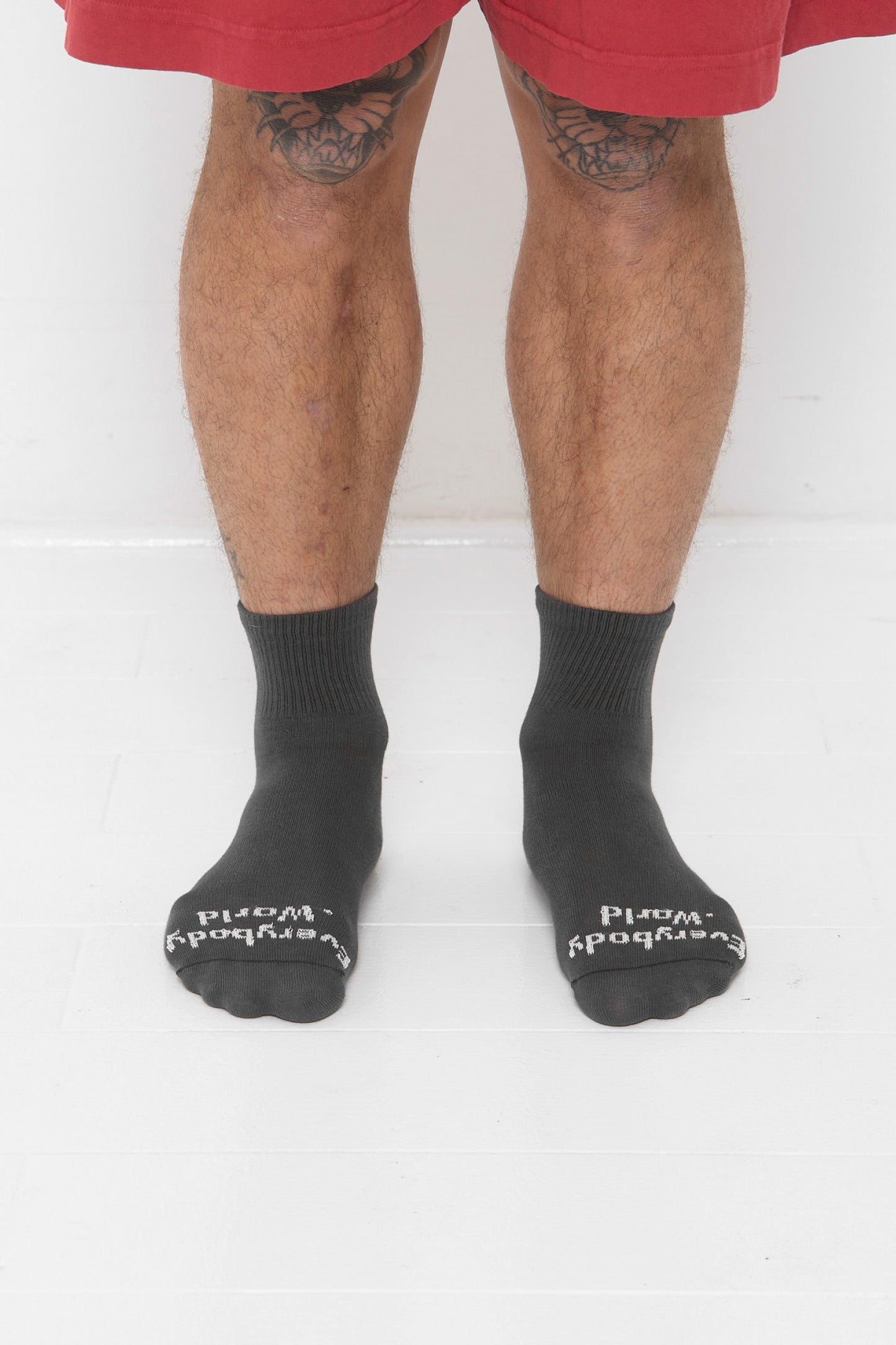Slate Spring Socks, branded 'Everybody.World' in white, are ankle-high, shown on a person's lower legs.