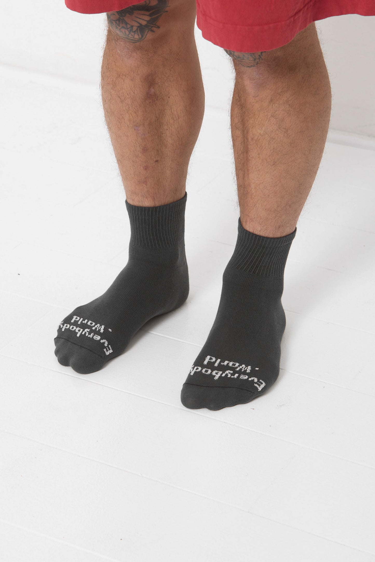 Slate Spring Socks, branded 'Everybody.World,' shown on a person's lower legs pointing 45-degrees.