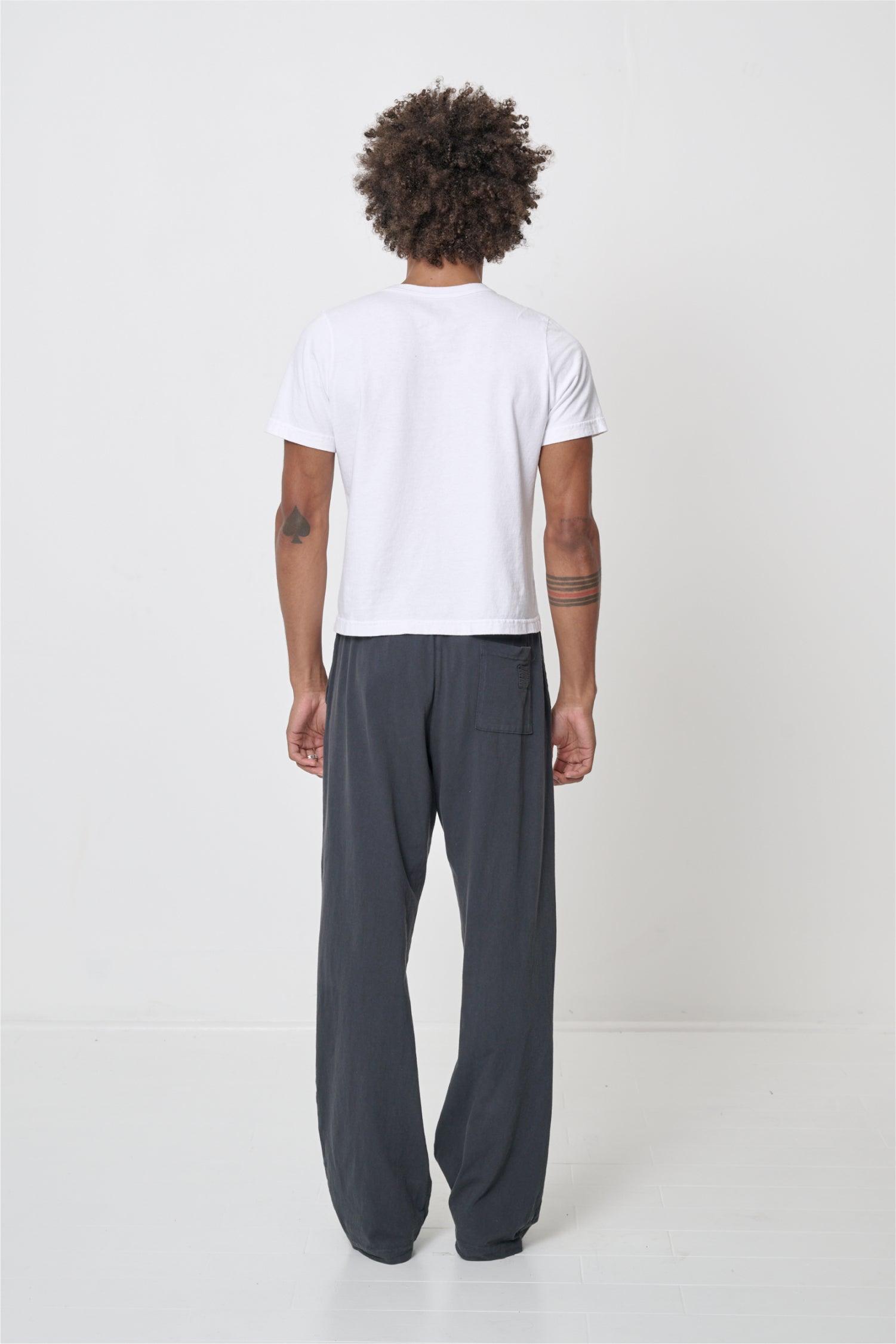 Back view on a person -Tailored Trash Tee in White with Slate Apartment Pants