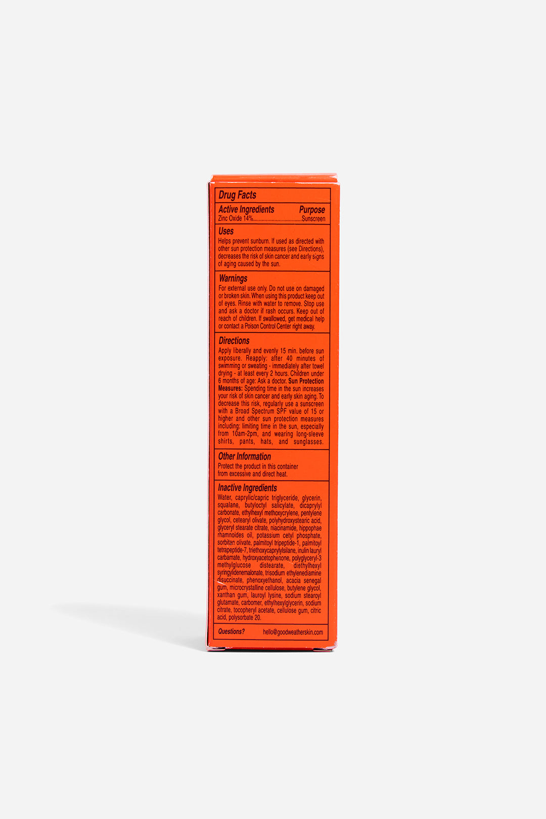 Good Weather Skin's The One Daily Sun Cream package, Drug Facts side shows active ingredients, warnings, directions, other information, and inactive ingredients.