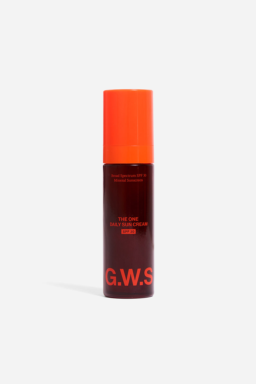 Good Weather Skin's The One Daily Sun Cream bottle, which is a dark burgundy with orange cap and printing.