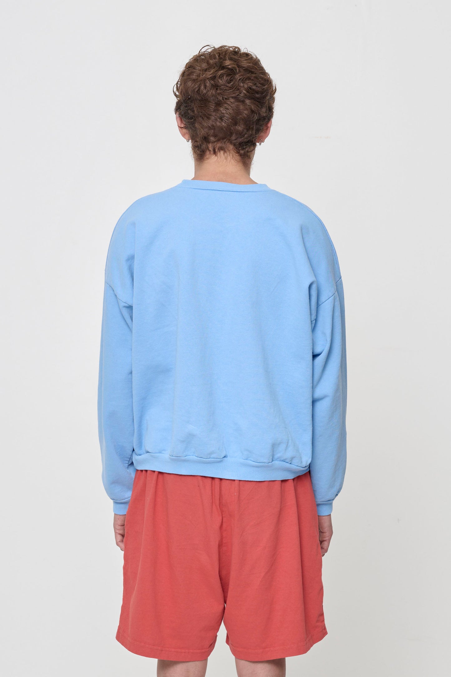 Cielo Trash Crewneck, back view on a person. Relaxed throughout until the rib hem and cuff.