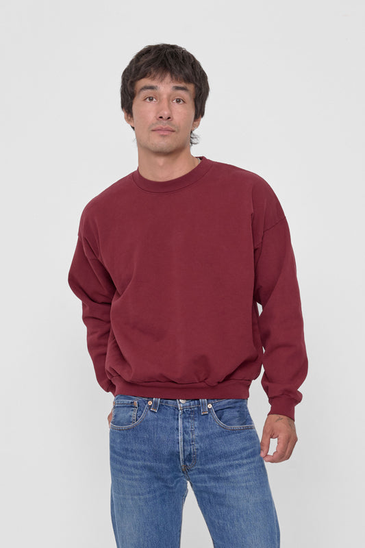 Trash Crewneck in Garnet – front view on model